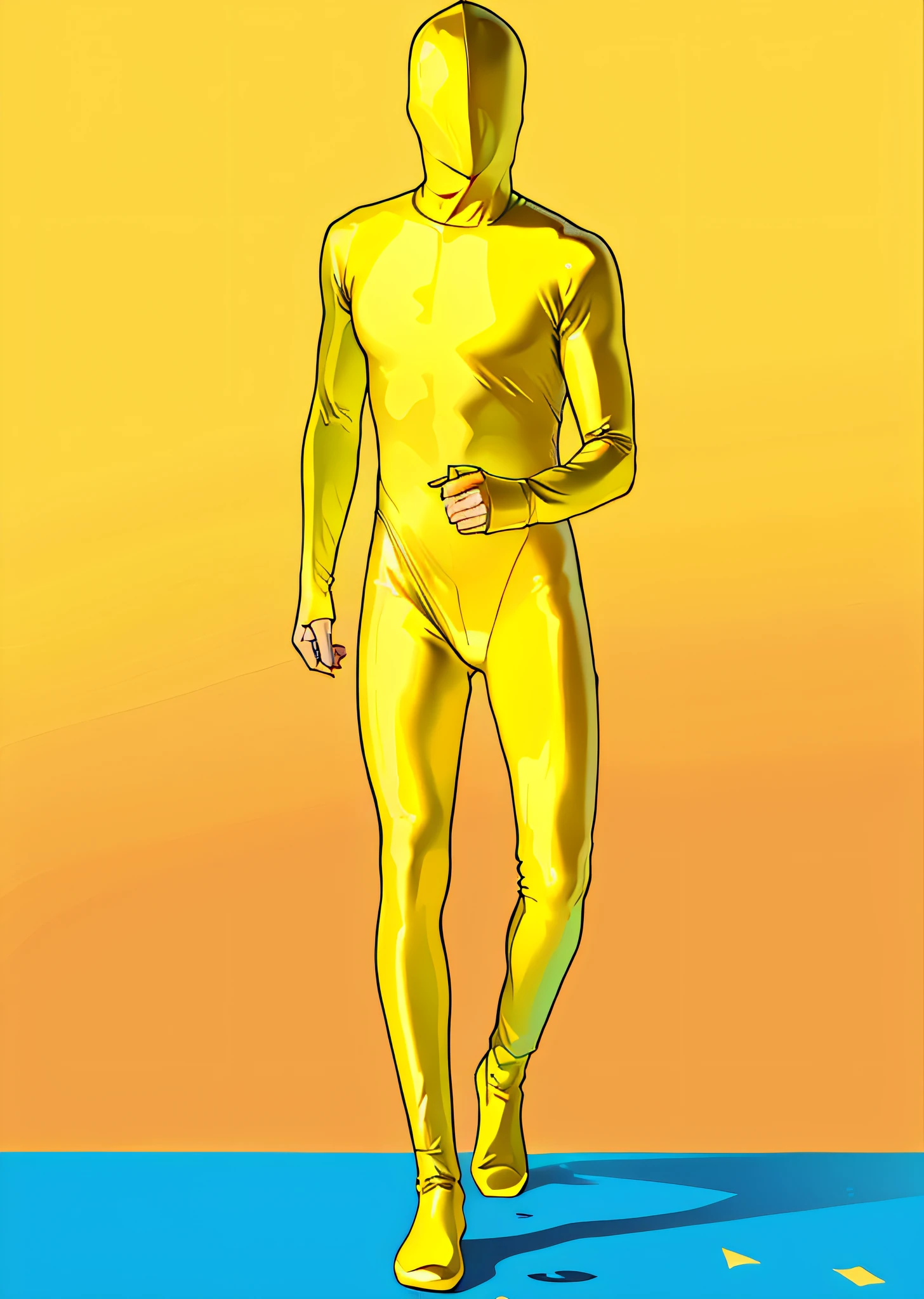 Man in yellow bodysuit, yellow body, zentai suit, full bodysuit, skin tight suit, lycra costume, tight full body suit, yellow skin, yellow jumpsuit, yellow bodysuit