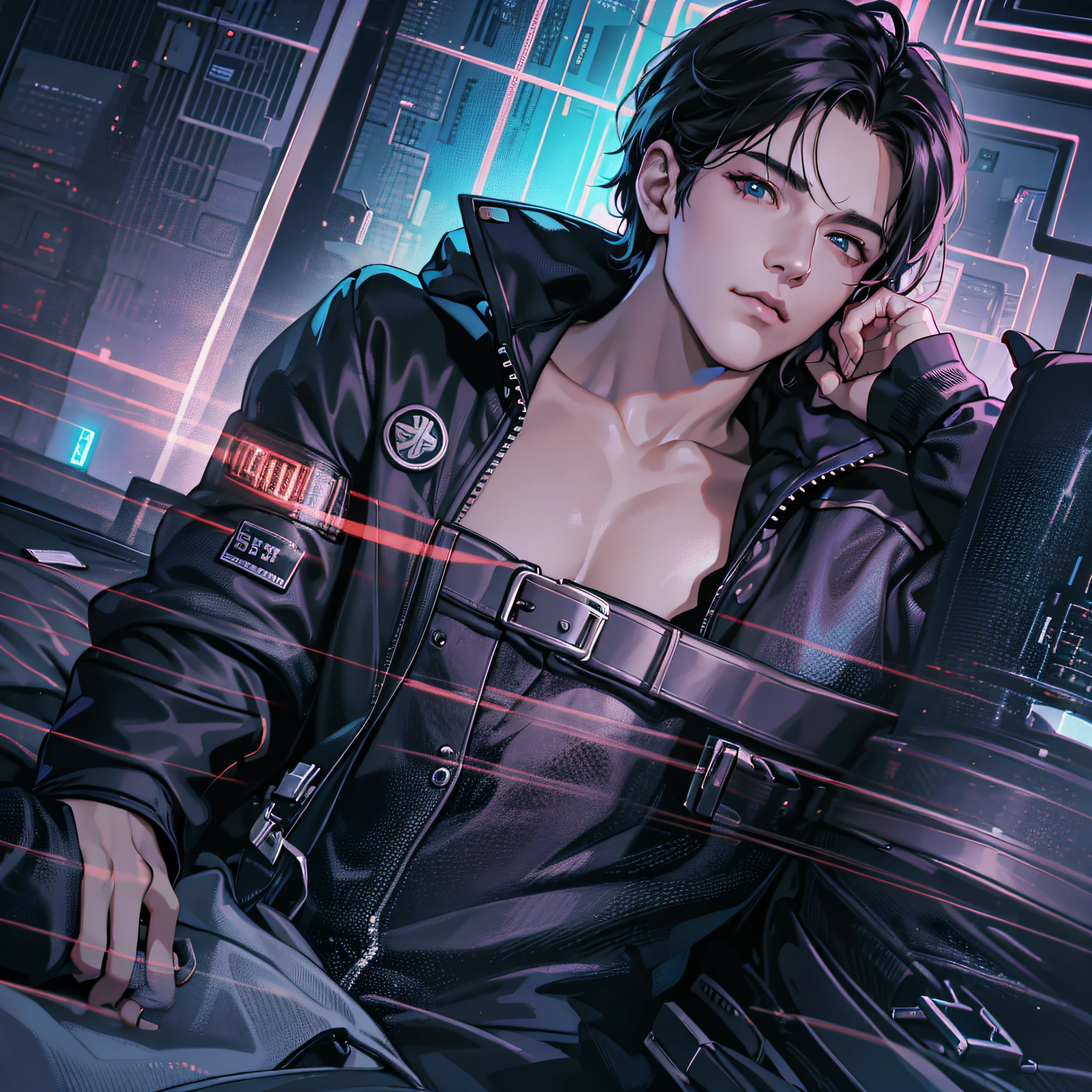 Ultra detail, high resolution, super detail, best quality, amazing, top quality, extremely detailed CG Unity 8k wallpaper, cinematic lighting, cyberpunk, dark boy, lying in bed