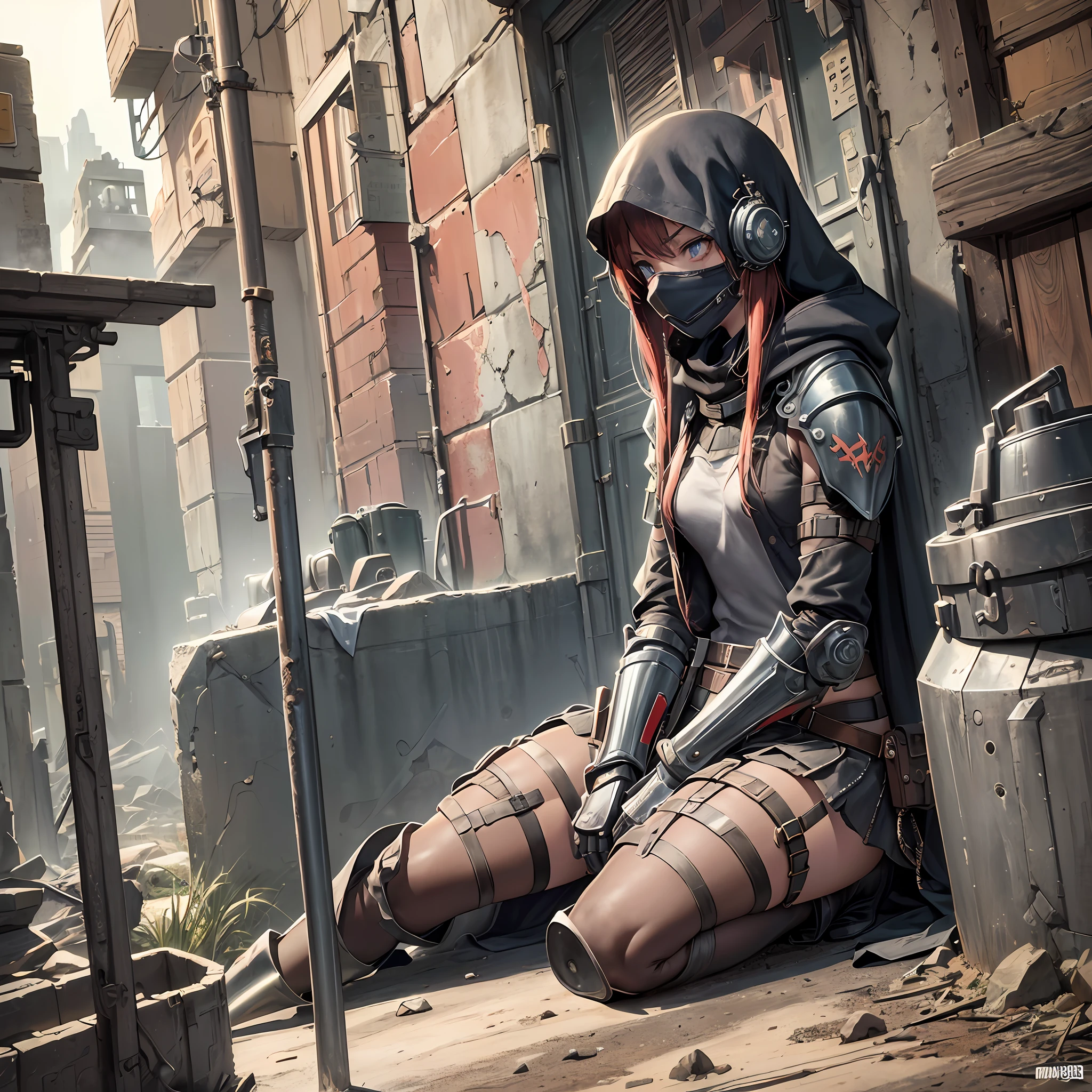 Detailed, Shadowvers Style, Masterpiece, Best Quality, 1girl, Solo, Slim, School, Indoor, , Full Body, ((( Character from the post-apocalyptic world))), Character is engaged in household chores, (((( medium chest))), ((Beautiful simple anime eyes)), ( The most frightened face)), ( The wasteland is visible), (( Mask clothes)), (( Cloak clothes),(( Canyon, Red Rocks))) , village ,(Sits on the sidelines), Full-length, ( Gloomy realistic color correction))), ((near the post-apocalyptic tank)), ((( very indignant face))), good anatomy, (((all in armor)))