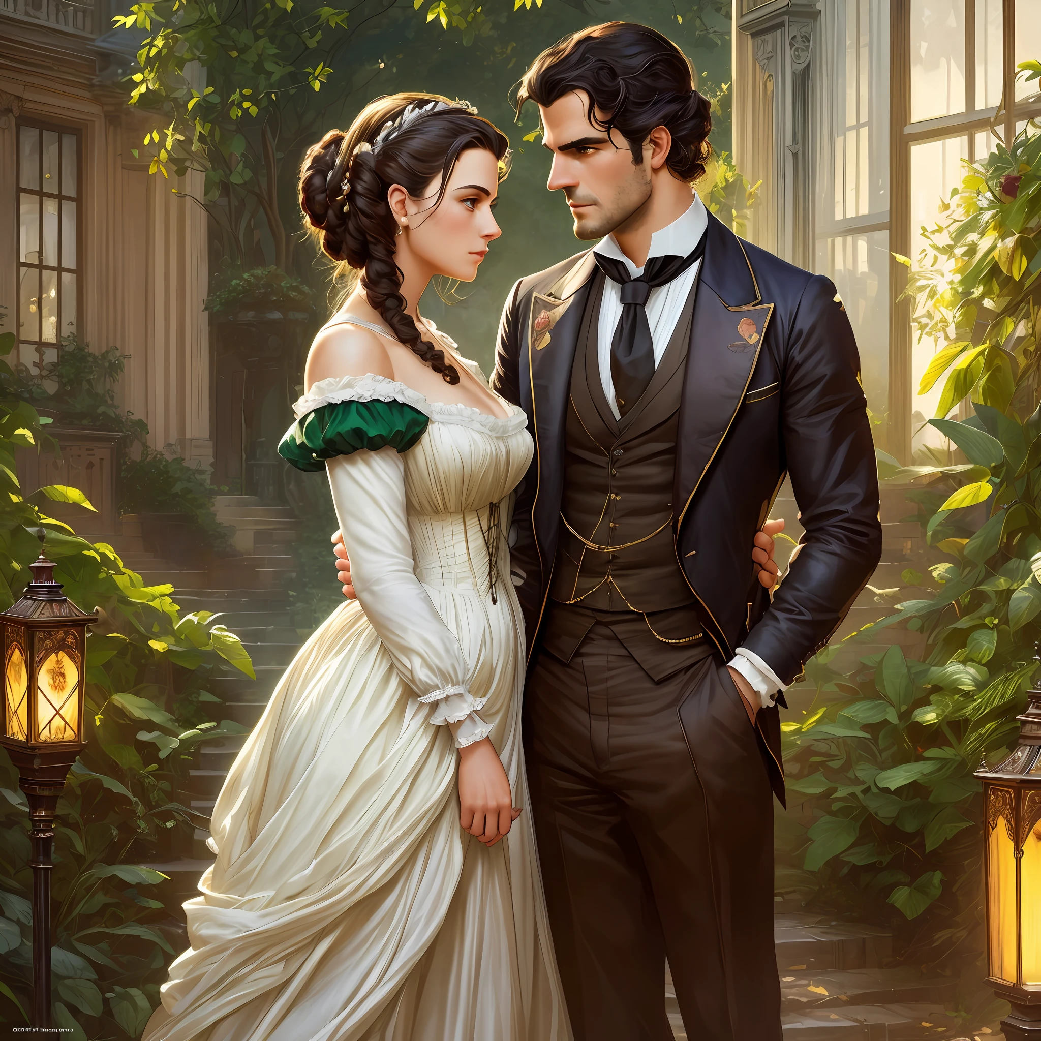 masterpiece: love couple embrace, 1 handsome strong victorian gentleman (maxi iglesias and henri cavill) and his 20 years old delicate girlfriend, scarlett ohara wearing british victorian lady simple dress, ruddy skin, dark brown straight medium hair in a bun, detailed perfect almond-shaped emerald green eyes, perfect sensual and full lips, resemblance to scarlett ohara, ((sunny victorian mansion garden background)), cover, hyperdetailed painting, luminism, Bar lighting, complex, 4k resolution concept art portrait by Greg Rutkowski, Artgerm, WLOP, Alphonse Mucha: a stunning realistic photograph