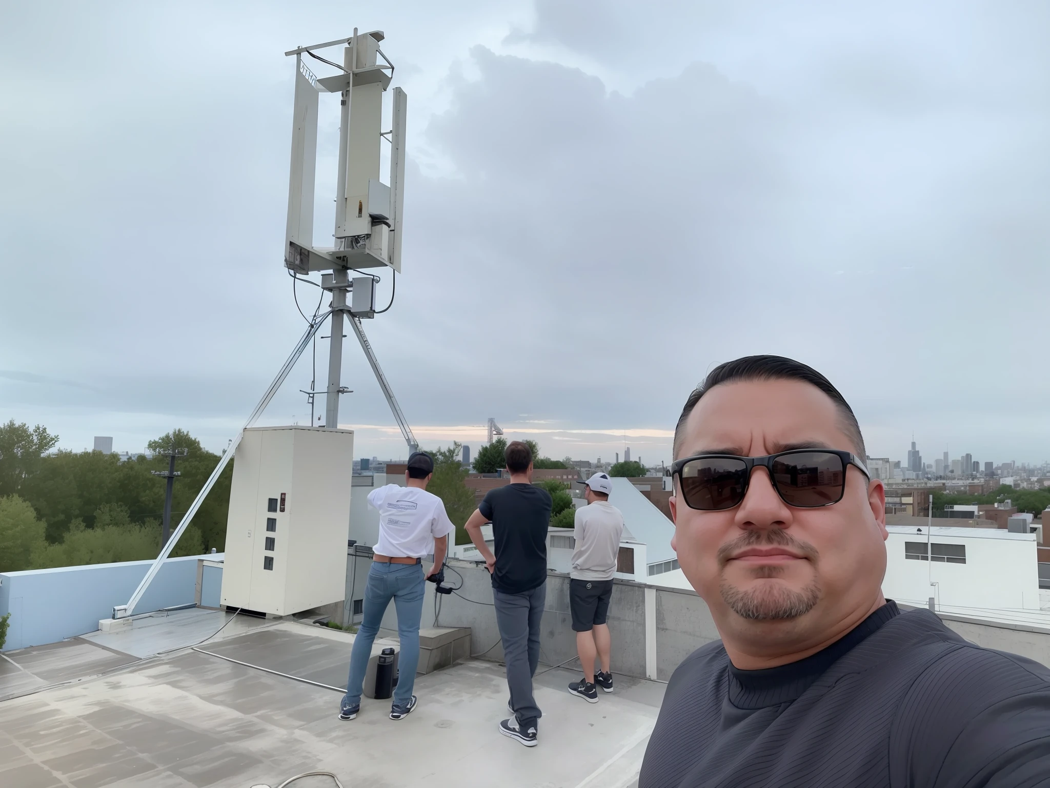 there is a man standing on a roof with a cell phone tower, transmitters on roof, on rooftop, standing on rooftop, on top of it, during sunset, captured on iphone, standing on a rooftop, 8 k. filling of the view, with a city in the background, standing on a skyscraper rooftop, instagram post, in background, smiling excessively