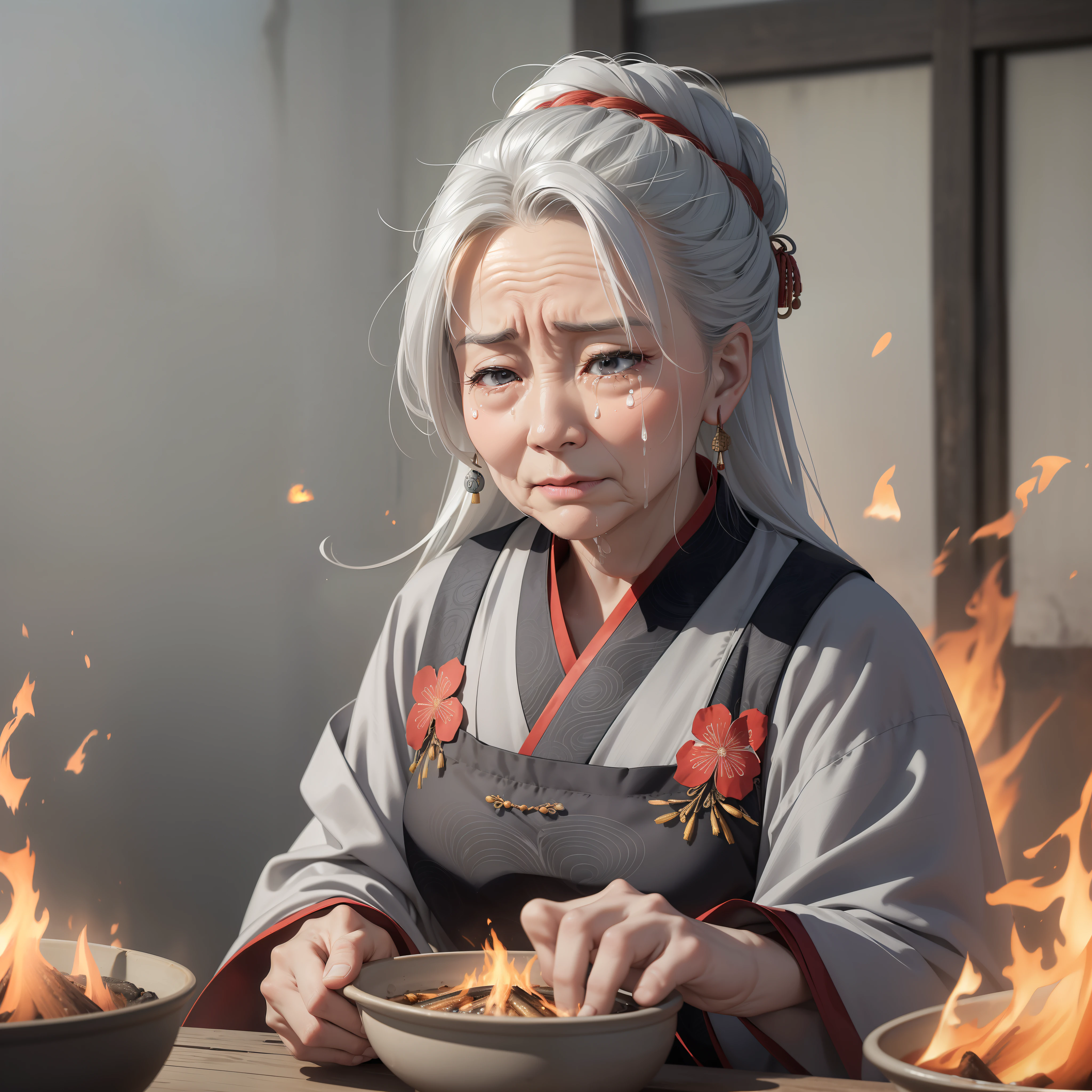 Absurd resolution, high resolution, (masterpiece: 1.4), hyper-detail, ancient Chinese, wrinkled gray-haired grandmother crying around the fire (1.3) (background is a fire as tall as a person 1.5), (tears 1.3) (serious sadness 1.2), wearing shabby Chinese Hanfu 1.3 (upper body display 1.5)