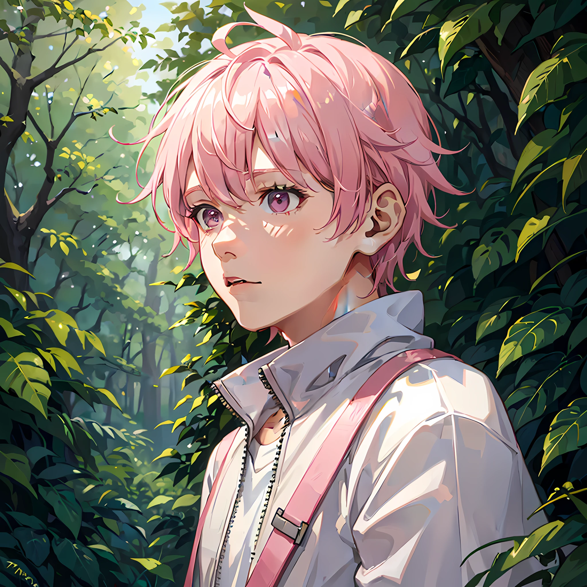 A boy with pink hair, in the forest, white tracksuit, upper body