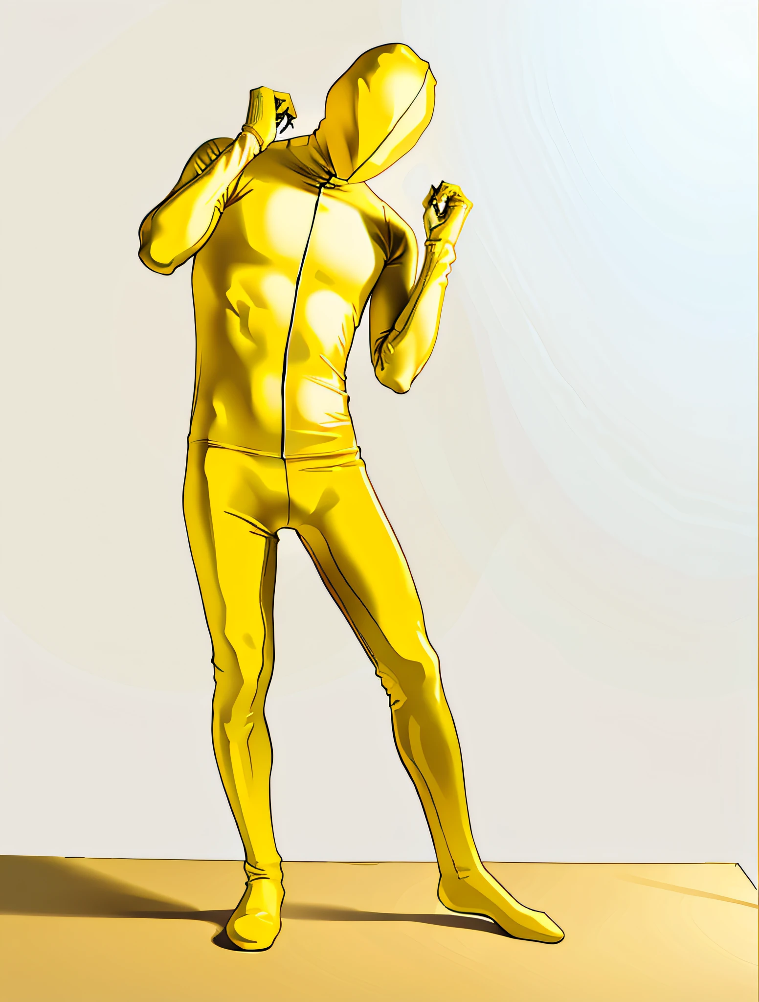 Man in yellow bodysuit, yellow body, zentai suit, full bodysuit, skin tight suit, lycra costume, tight full body suit, yellow skin, yellow jumpsuit, yellow bodysuit