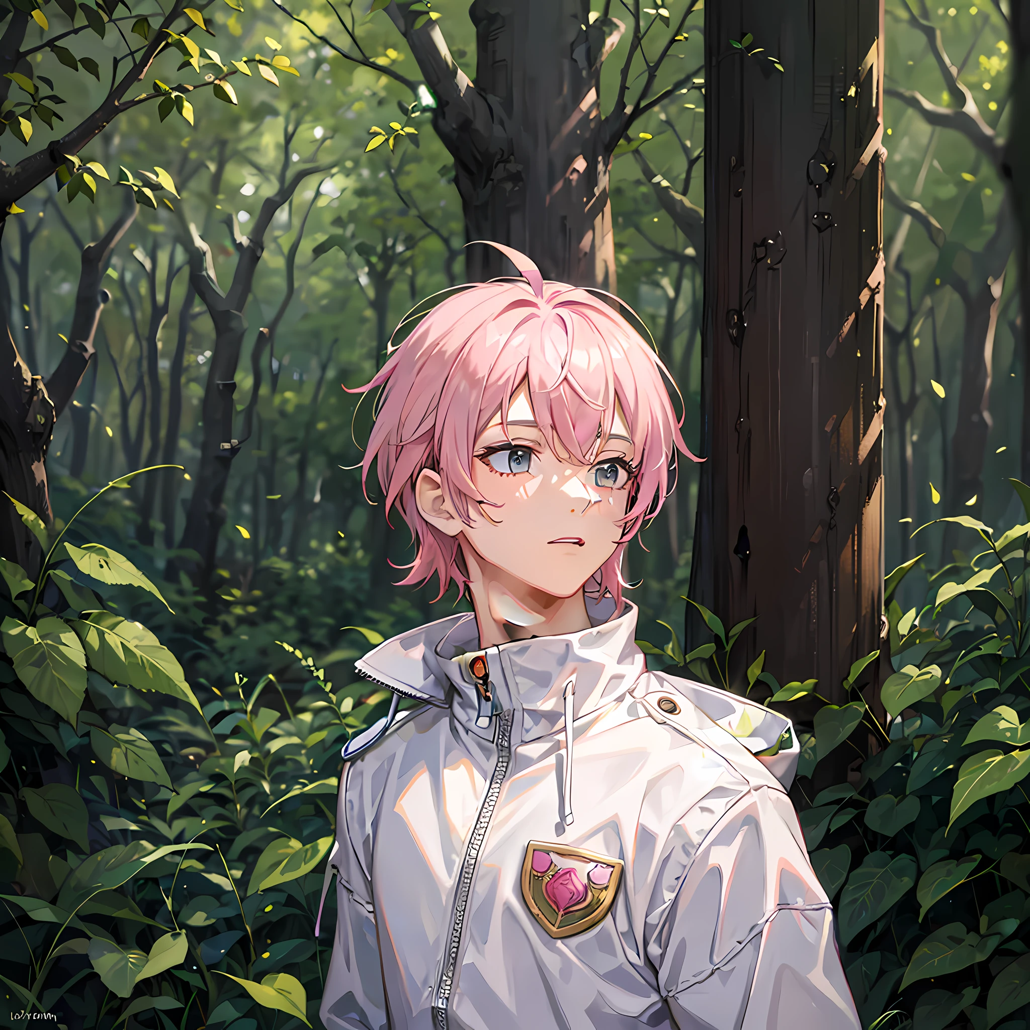A boy with pink hair, in the forest, white tracksuit, upper body