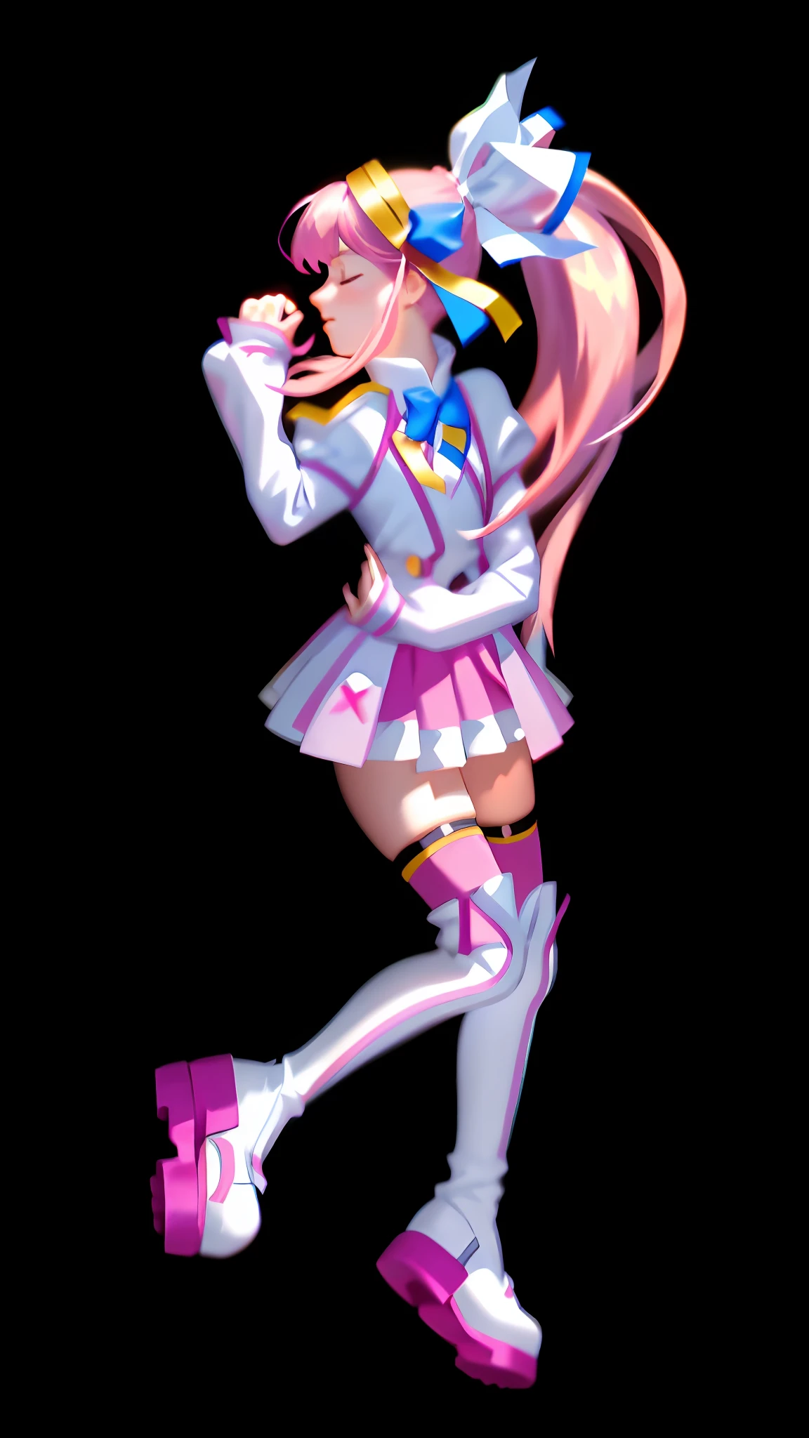 (Masterpiece: 1.5), (Best quality: 1.5), 8k,1 girl, closed eyes, pink hair, single ponytail, white top, pink pleated skirt, pink over-the-knee socks, white long boots, (no background: 1.5)