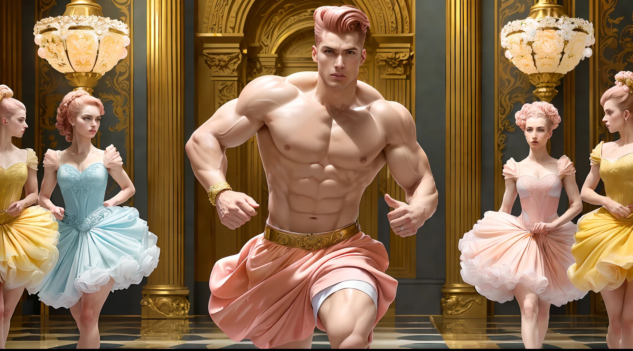 ((Art Deco)) an athletic man, 1man, redhead, ((quiff haircut), (haute couture runway fashion), gelatinous look, ((glossy finish)), imaginative realism, ornate background, filigree, Renaissance painting, Baroque, ancient Greek statue face, neoclassical art, rococo, ((baroque lighting)), (((bright!))), golden ornaments, ((medium-action dynamic pose, run!)), highly reflective, bright, (soft pastel color palette,  peach, light blue, pink, yellow), low contrast, light flowering, male, manly, athletic,