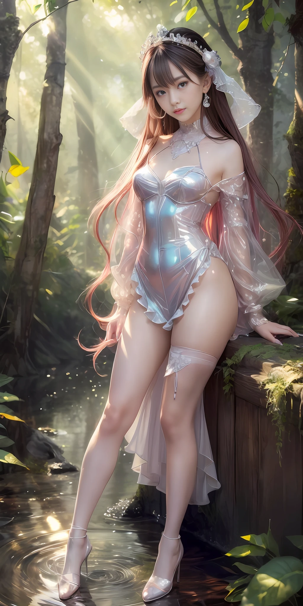 (best quality, masterpiece, high resolution, glow, flood, lens glare, wide angle), sunlight, full body, 1 [Chinese|Russian|Japanese|Korean] girl, ((plum red:1.1) clothes), necklace, jewelry, long hair, earrings, super delicate face, beautiful face, full face blush, (perfect eyes) and ( long eyelashes: 1.4), glowing pupils, (white stockings: 0.9), realism, (high detail skin: 1.2), 8k ultra hd, DSLR, high quality, volumetric lighting, frank, high resolution, 4K, 8K, background bokeh, dream forest, radiant garlic, feather drop effect, morning, foreground, f/16