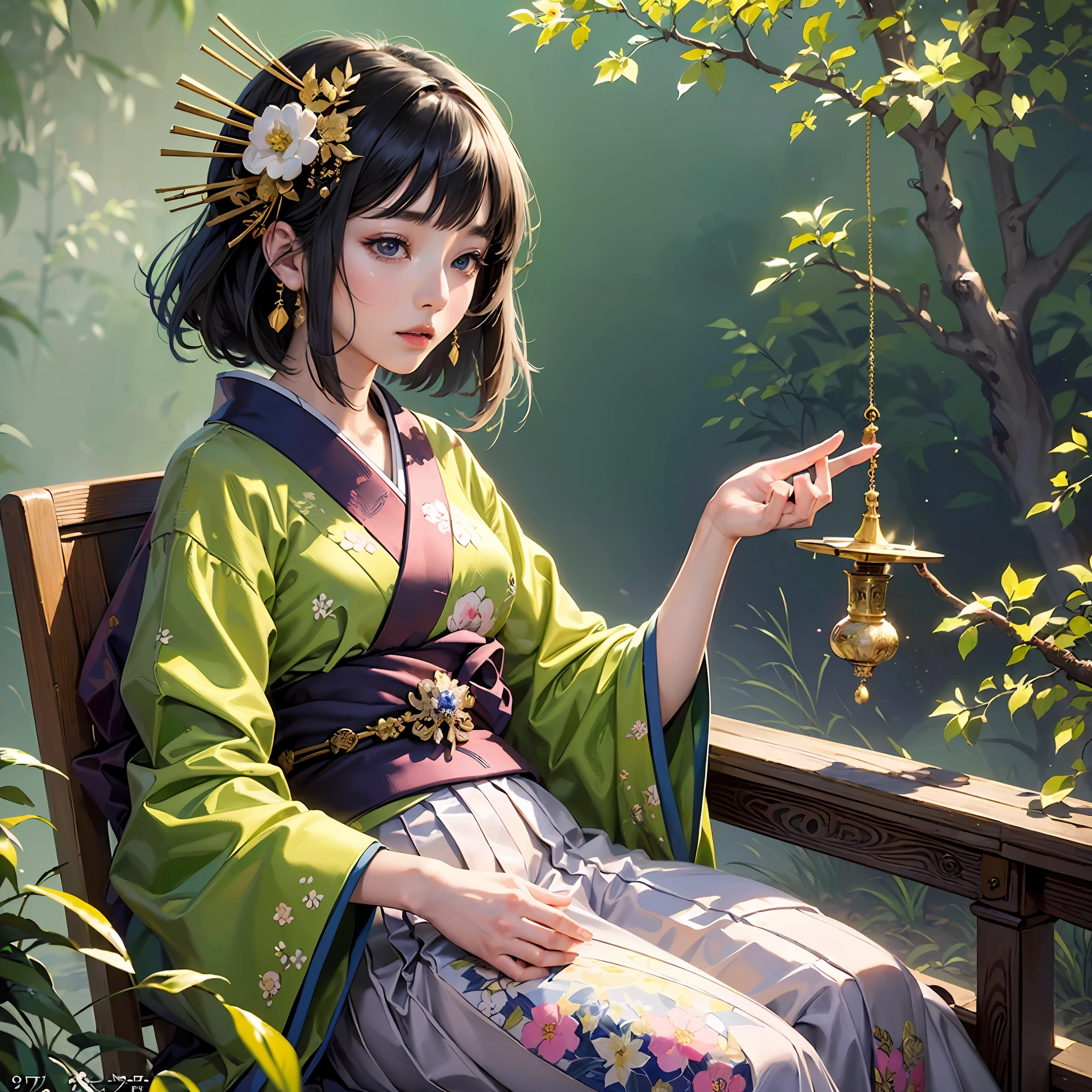 (Masterpiece, Top Quality, Best Quality, Official Art, Beautiful Indulgence: 1.2), (Japanese Dress), (1 Girl: 1.3), Japan Woman, Very Detailed, Colorful, Best Detailed ((Ultra Detailed)), (Highly Detailed 2DCG Illustration), ((Very Delicate and Beautiful)) (Seated), Expressionless, Black Hair, Kanzashi --auto --s2