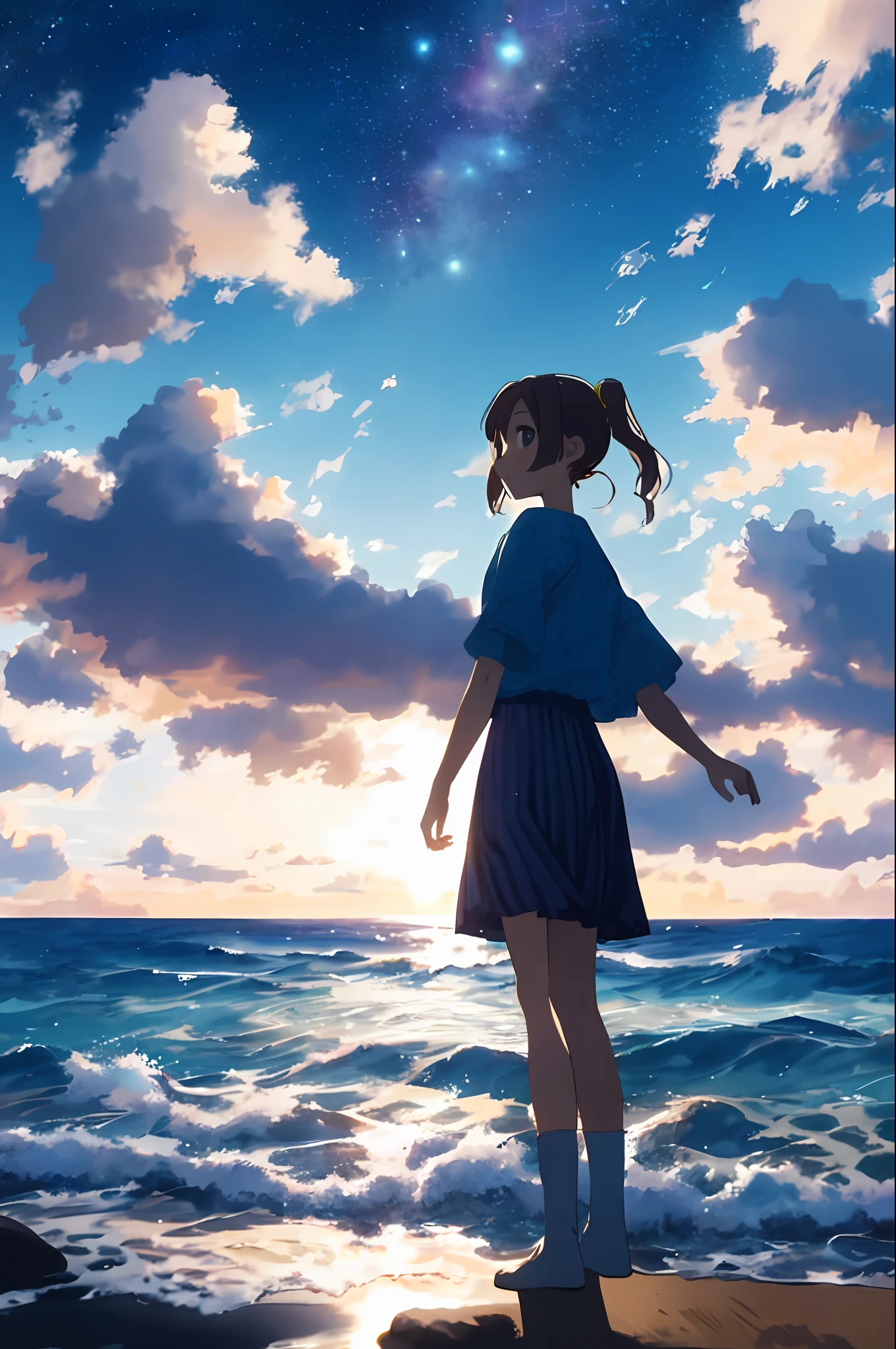 [(Cloud background: 1.5),::5] (Isometric: 1.0), 1 girl, medium shot, full body, ocean, waves, splash, sky, light particles, night, starry sky, sea and sky, dawn
