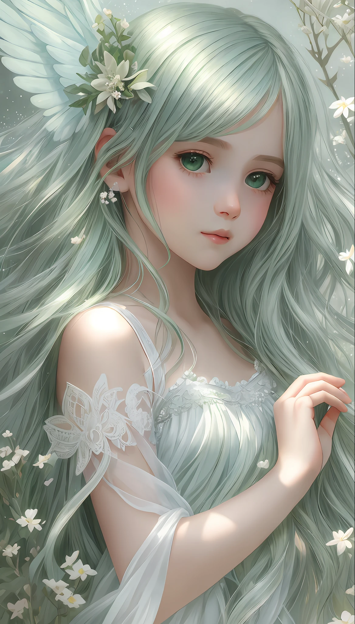 An ethereal and dreamy depiction of a beautiful Angel girl innocent, big green full of life, silver hair girl, surrounded by a soft and gentle atmosphere that highlights his graceful and serene nature, halo, artstation, digital painting, trending