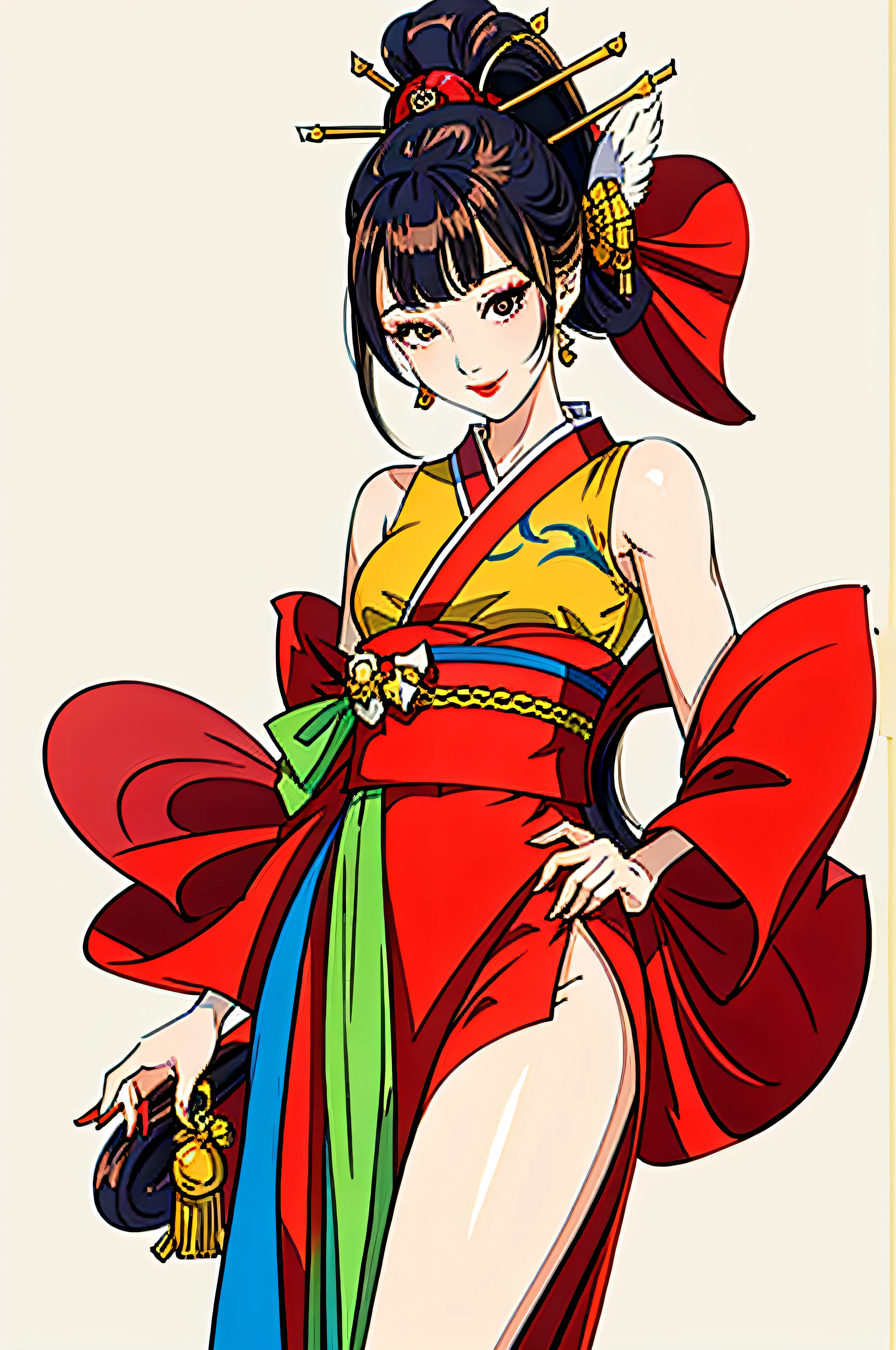 Masterpiece, superlative, petite, perfect breasts, red lip gaze, seductive smile, sexy, blunt bangs, high ponytail, simple background, geisha, illustration drawing