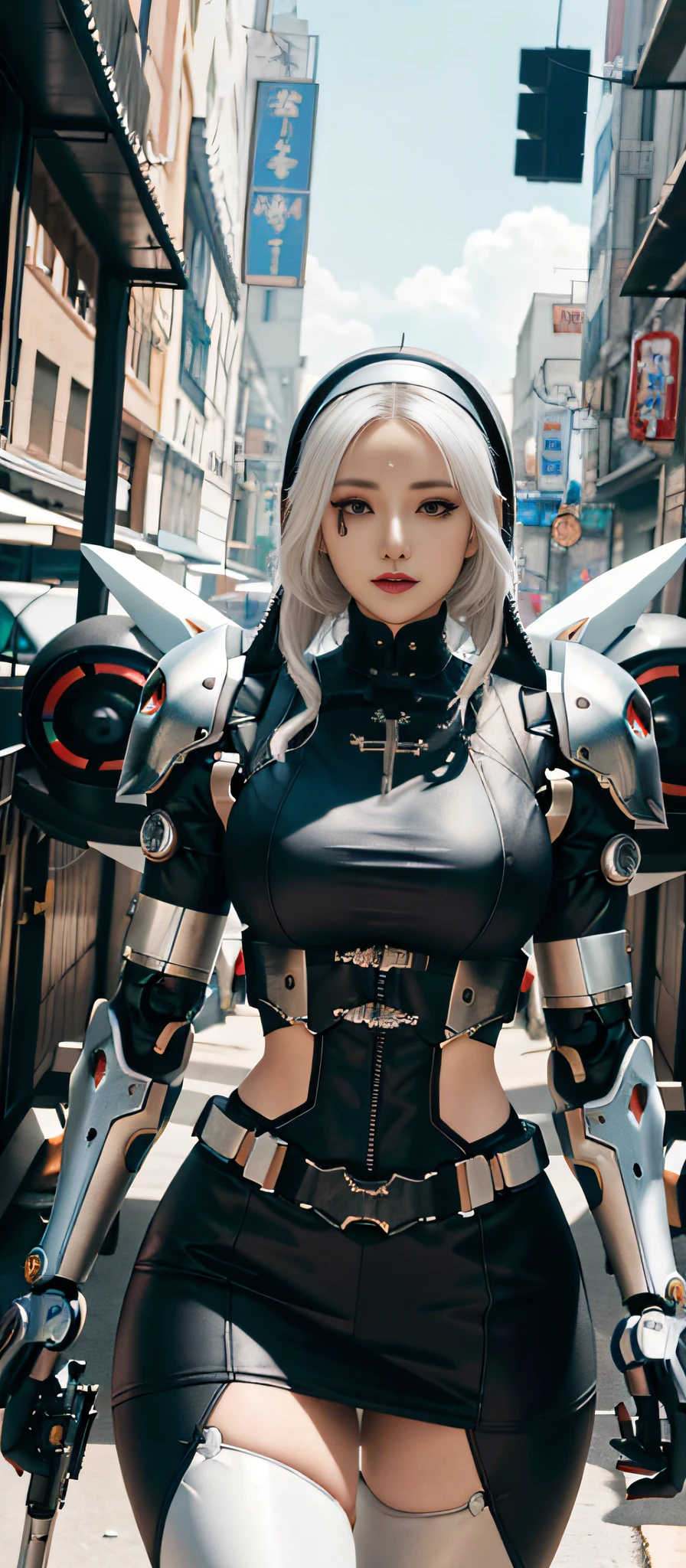 A closeup of a woman in a gothic nun's outfit with a gun, cyberpunk oppai, cute cyborg girl, biomechanical oppai, cyberpunk anime girl mech, robotic anime mixed with organic, wlop. scifi, 8k high quality detailed art, girl in mecha cyber armor, beautiful white cyborg girl, beautiful cyborg girl, cyborg woman perfect anime