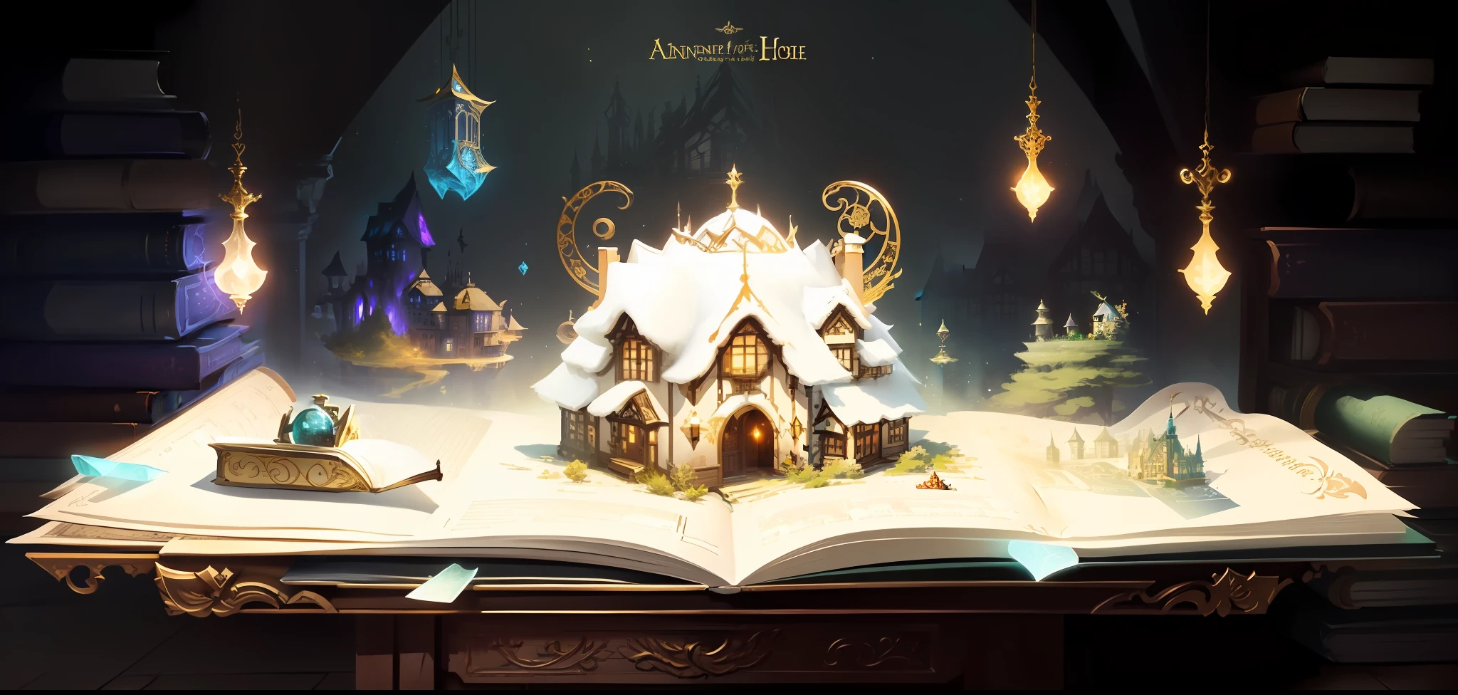 there is a book with a house on it sitting on a table, library of ruina concept art, alchemist library background, fairy-tale illustration style, magical fantasy 2 d concept art, fairy tale style background, by Yang J, concept art magical highlight, fantasy book illustration, infinite celestial library, library background, storybook illustation, a beautiful artwork illustration