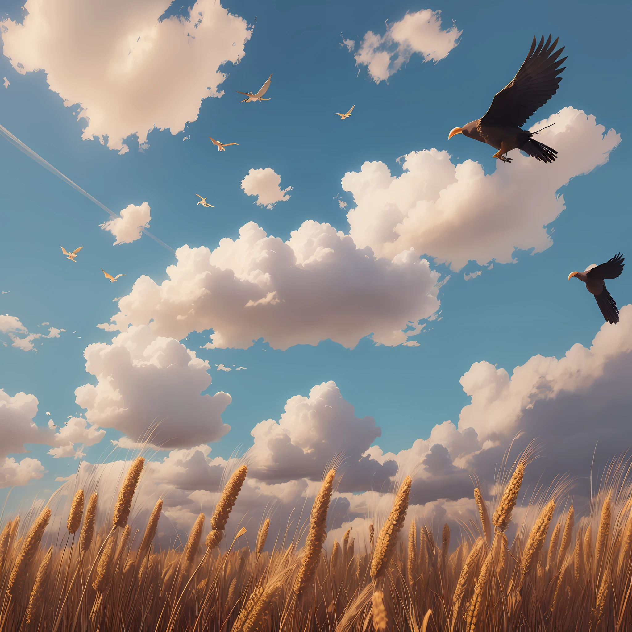 Blue sky, white clouds, golden wheat fields, crows, scarecrows, delicate, sunny, wind, detailed picture, looking up --auto --s2