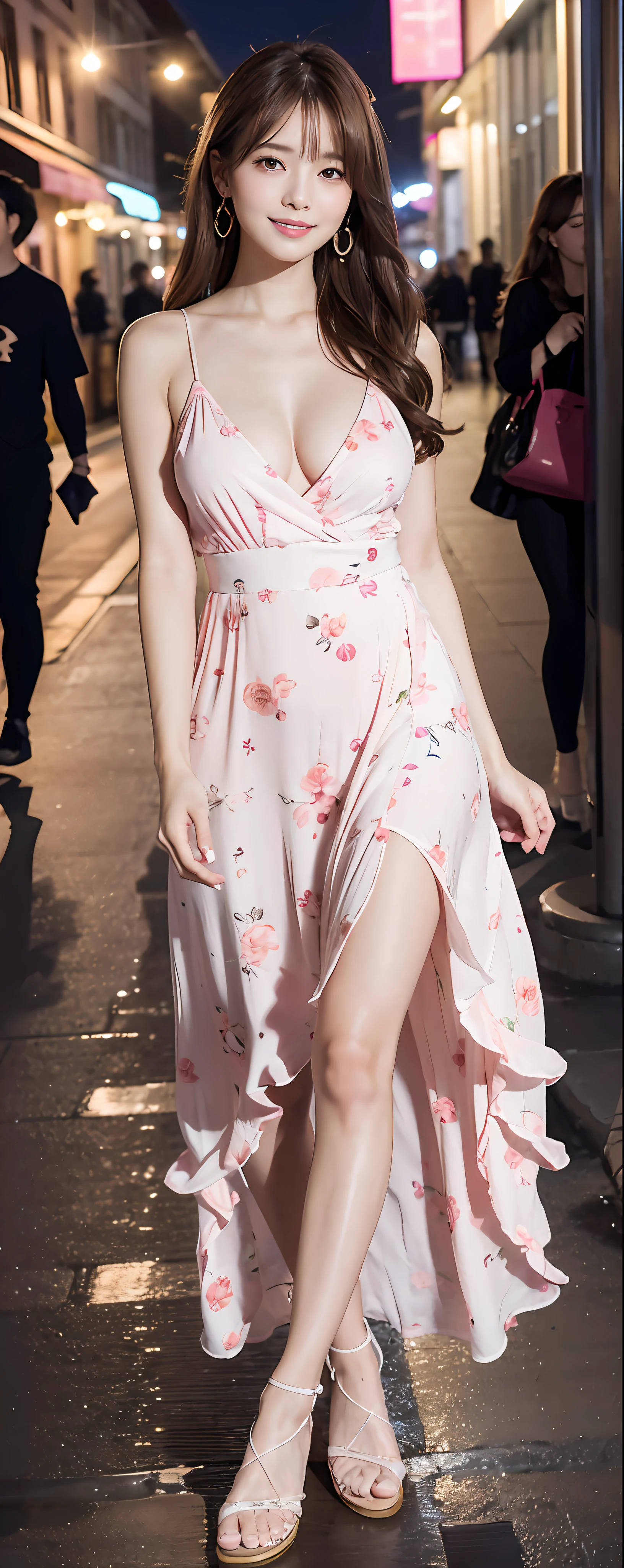 Mai Shiraishi, ((top quality, 8k, masterpiece: 1.3)), 1 girl, slender beauty: 1.3, (dark brown hair, gigantic breast: 1.5), beautiful breasts, wet body: 1.2, white skin: 1.3, super detailed face, beautiful face like a model, clear face, detail eyes, double eyelids, pink color and long dress with fluffy floral pattern, White sandals, perfect style, in urban night scene, from the front, full body, toes, smile, ring earrings