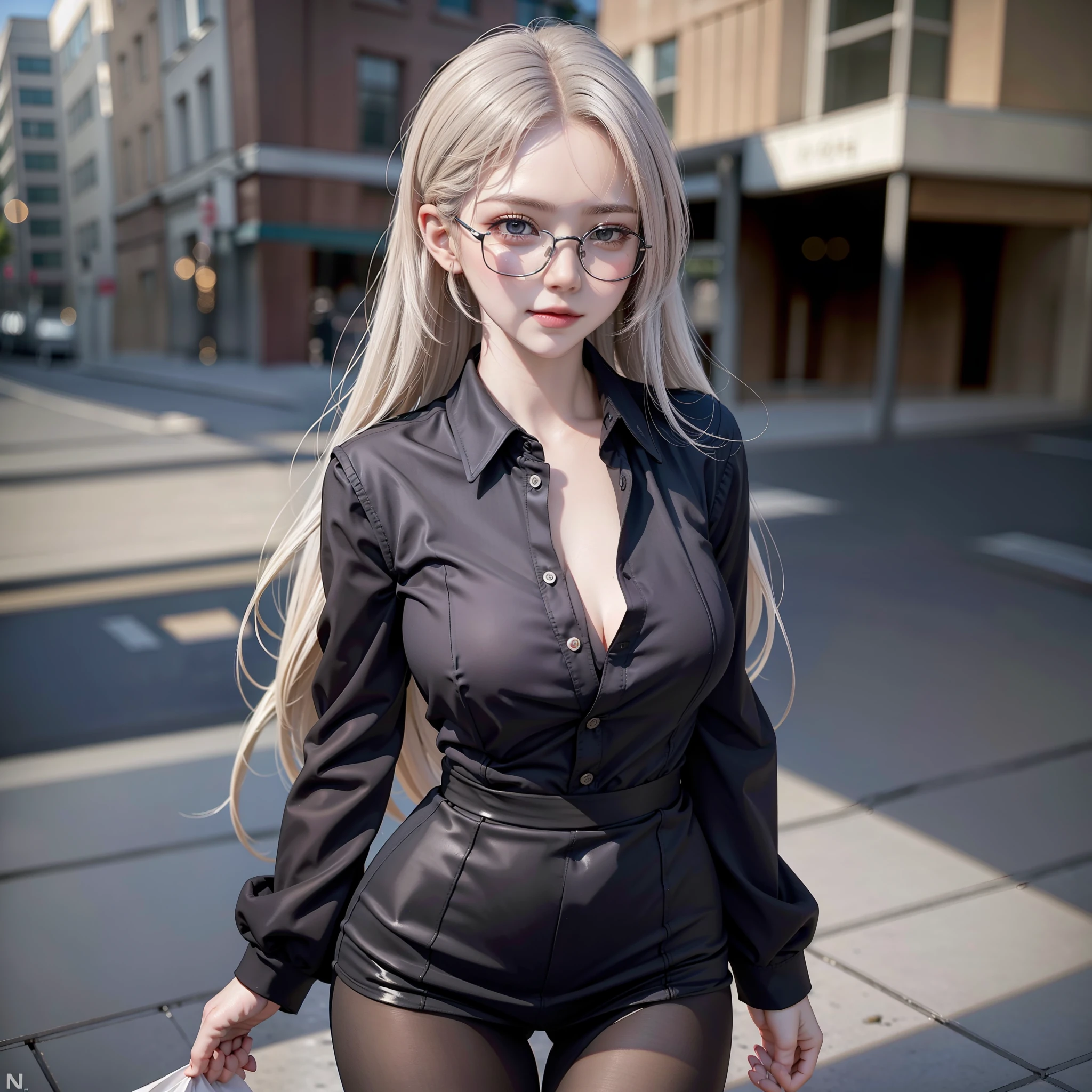 NSFW, (8k, best quality,), beauty with perfect figure: 1.4, slender abs: 1.2, highly detailed face and skin texture, detailed eyes, girl with glasses, looking at the audience, cute, (full body photo: 1.5), bursting shirt buttons, beautiful delicate eyes, (collared shirt: 1.5), daytime, sunshine, (black pantyhose: 1.5), (long hair: 1.4), shoulder-length hair, silver hair, uniform, white skin, standing on quiet street