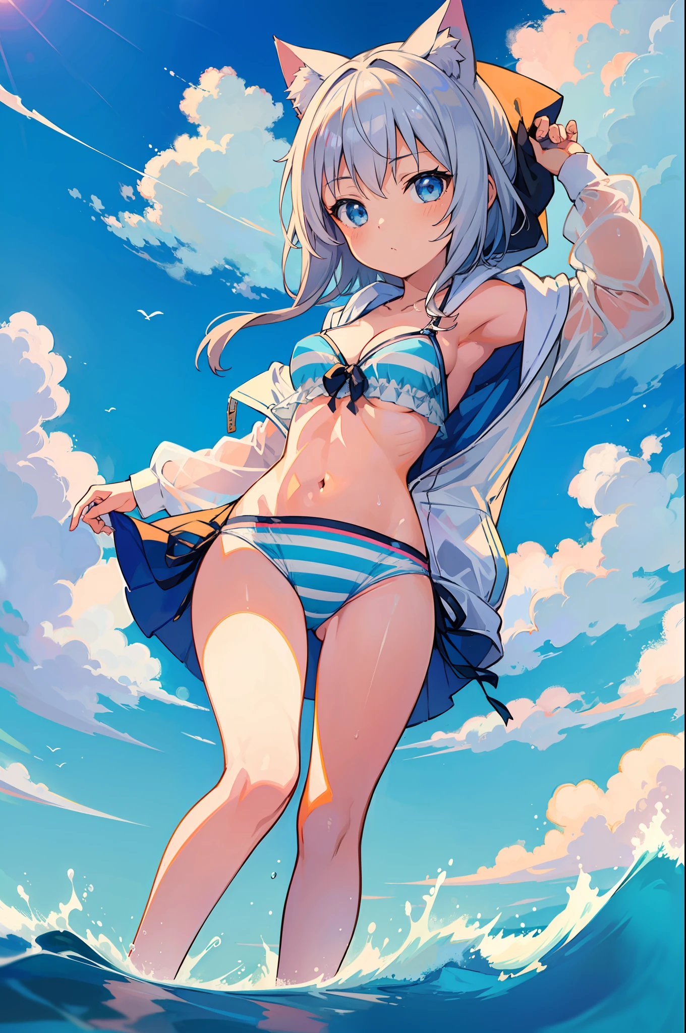 (Masterpiece), (Top Quality Anime Illustration), (Super Definition), One Girl, Solo, Beautiful Girl with Silver Hair, Anime Loli, Cat Ear Loli, Petite, Cleavage Emphasis, Underboob, Thigh Emphasis, White and Light Blue Striped Bikini, White See-Through Hoodie, South Island Sea, Water