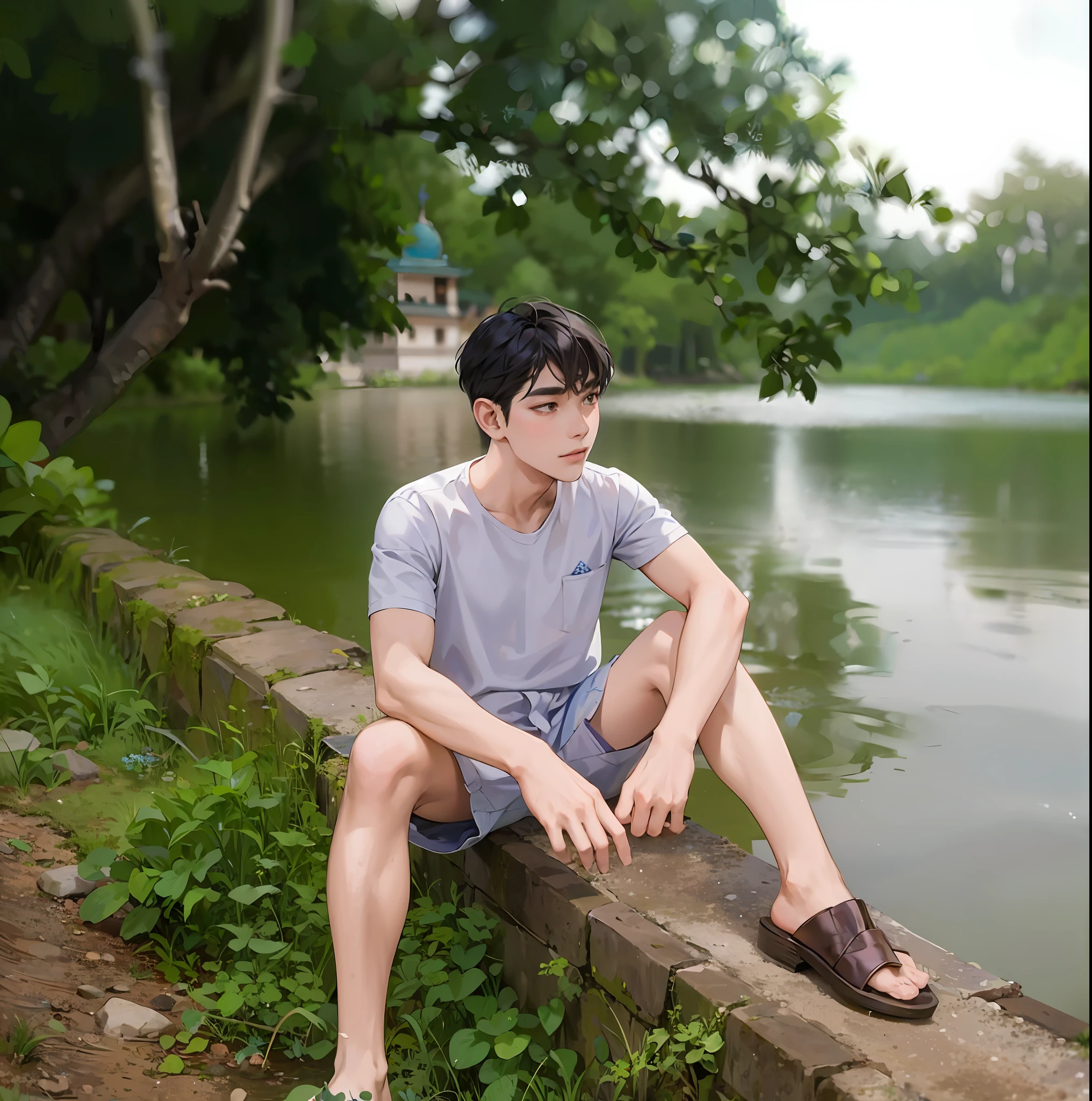 there is a man sitting on a stone ledge by the water, sitting near a river, thawan duchanee, near a lake, nivanh chanthara, dang my linh, in a lake, in a park and next to a lake, sitting at a pond, lake in the background, ayan nag, near a river, in lake