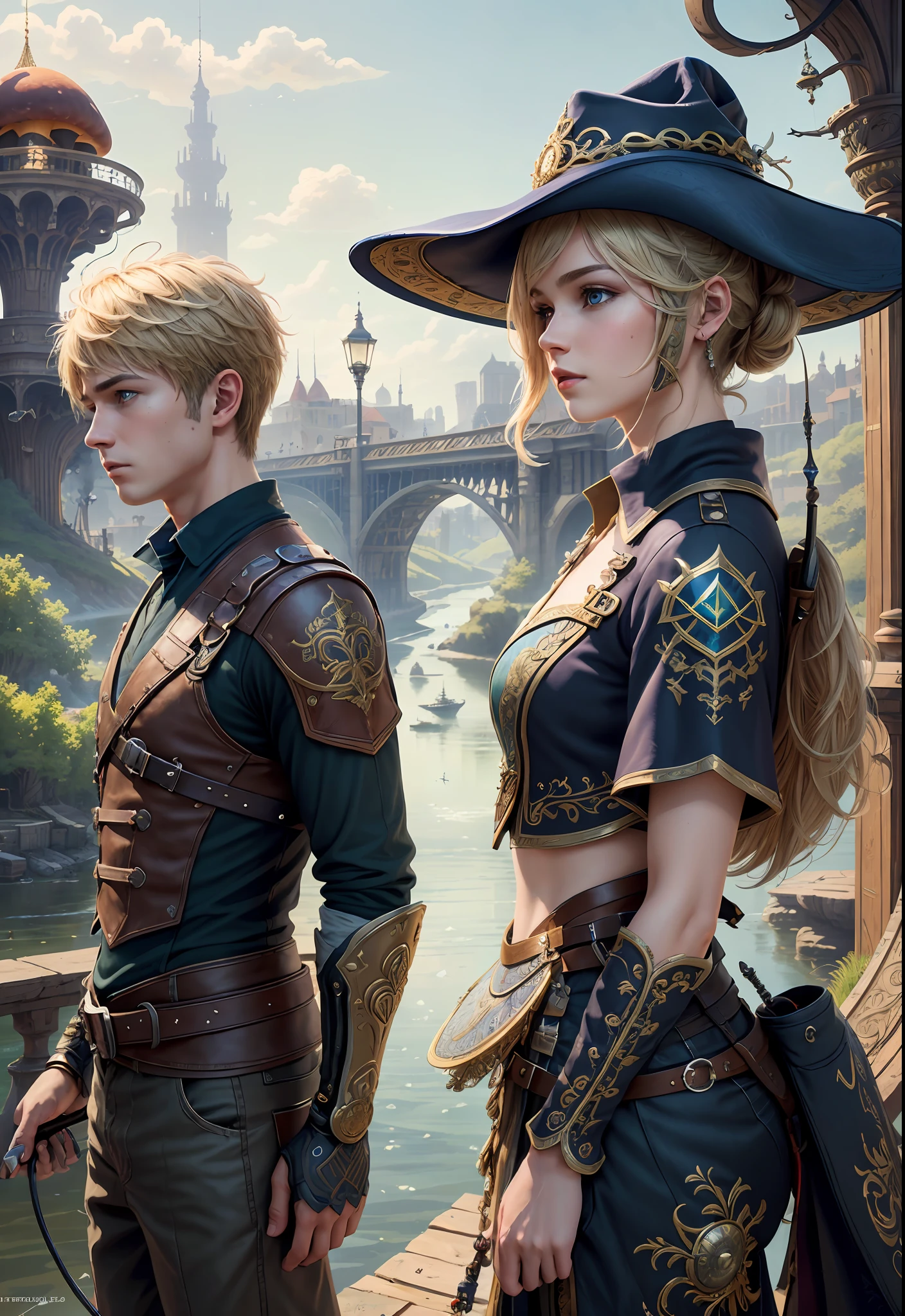 (((Multiplayer, Man and Woman))), Best Quality, Realistic, Realistic, Award-Winning Illustrations, (Intricate Details: 1.2), (Fine Details), (Intricate Details), (Cinematic Light, Best Quality Backlight), Clear Lines, Sharp Focus, Official Art, Unity 8k Wallpaper, Ridiculous, Incredibly Ridiculous, Fantasy Art, RTX, ((Award-winning Triangle Studio Close-up Photo)), 1 Boy, (Shut Up), Best Quality, 4K, beautiful mysterious creatures, blond male, flying, surrealism, masterpiece of NCWINTERS, masterpiece in mysterious country town, masterpiece, intricate details, ff14style, urban painting, bridge, river, giant mushroom, landscape, bright colors,