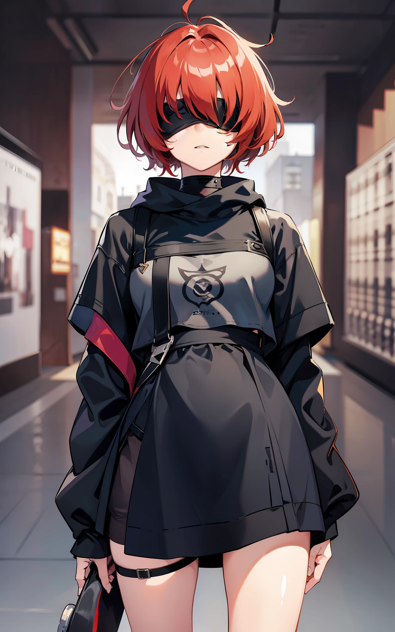 masterpiece, best quality, solo, (yorha no. 2 type b:1.14), (covered eyes:1.05), (portrait:1.1), (upper body:1.1), medium breasts, expressionless, 1girl, solo, (ruffling hair, messy hair:1.1), red hair, best quality, ultra detailed, 1girl, solo, standing, medium hair, blunt bangs does not look at the viewer, blindfolded, young clothes, loose clothing, teen clothes, skateboarder's clothing,