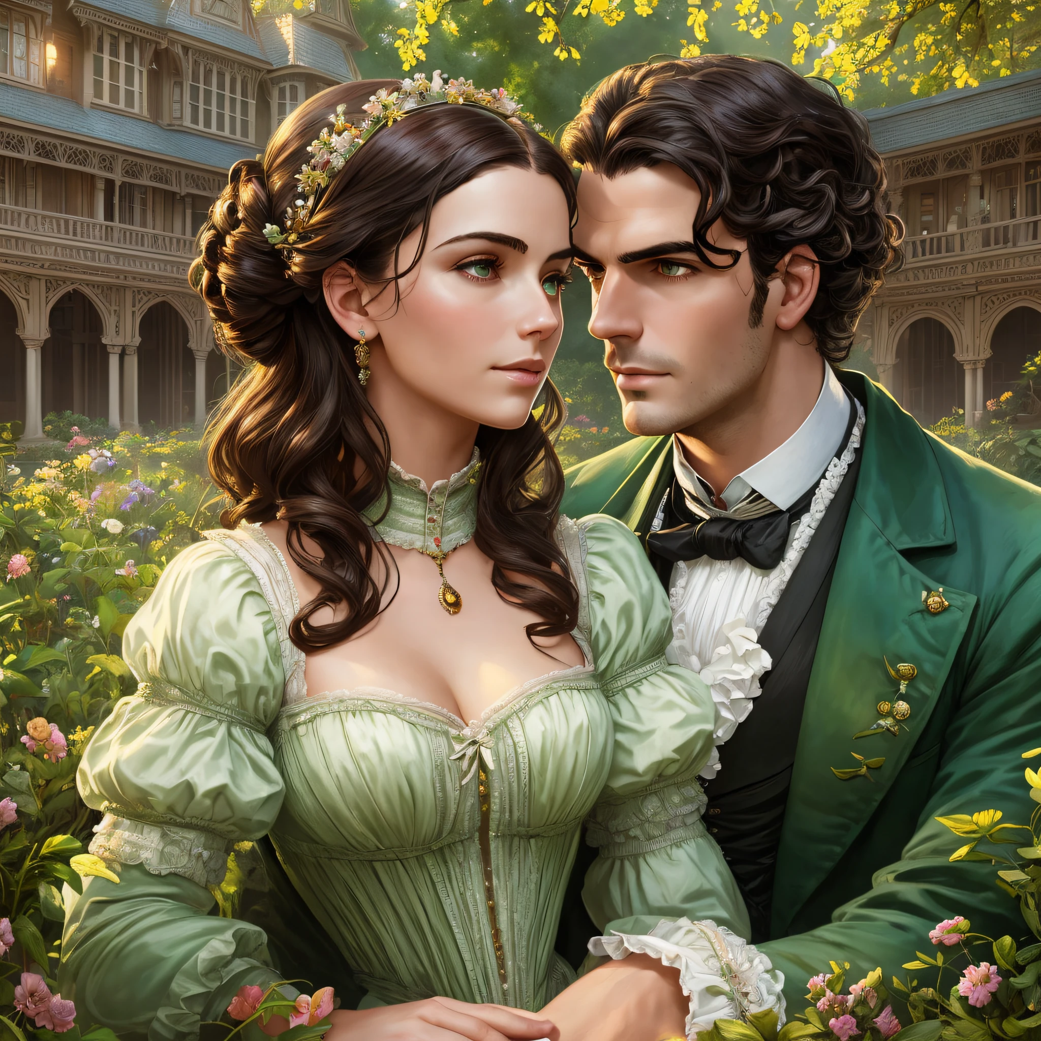 masterpiece: love couple looking each other, 1 handsome strong victorian gentleman (maxi iglesias and henri cavill) and his 20 years old delicate girlfriend, scarlett ohara wearing british victorian lady simple dress, ruddy skin, dark brown straight medium hair in a bun, detailed perfect almond-shaped emerald green eyes, perfect sensual and full lips, resemblance to scarlett ohara, ((sunny victorian mansion garden background)), cover, hyperdetailed painting, luminism, Bar lighting, complex, 4k resolution concept art portrait by Greg Rutkowski, Artgerm, WLOP, Alphonse Mucha: a stunning realistic photograph
