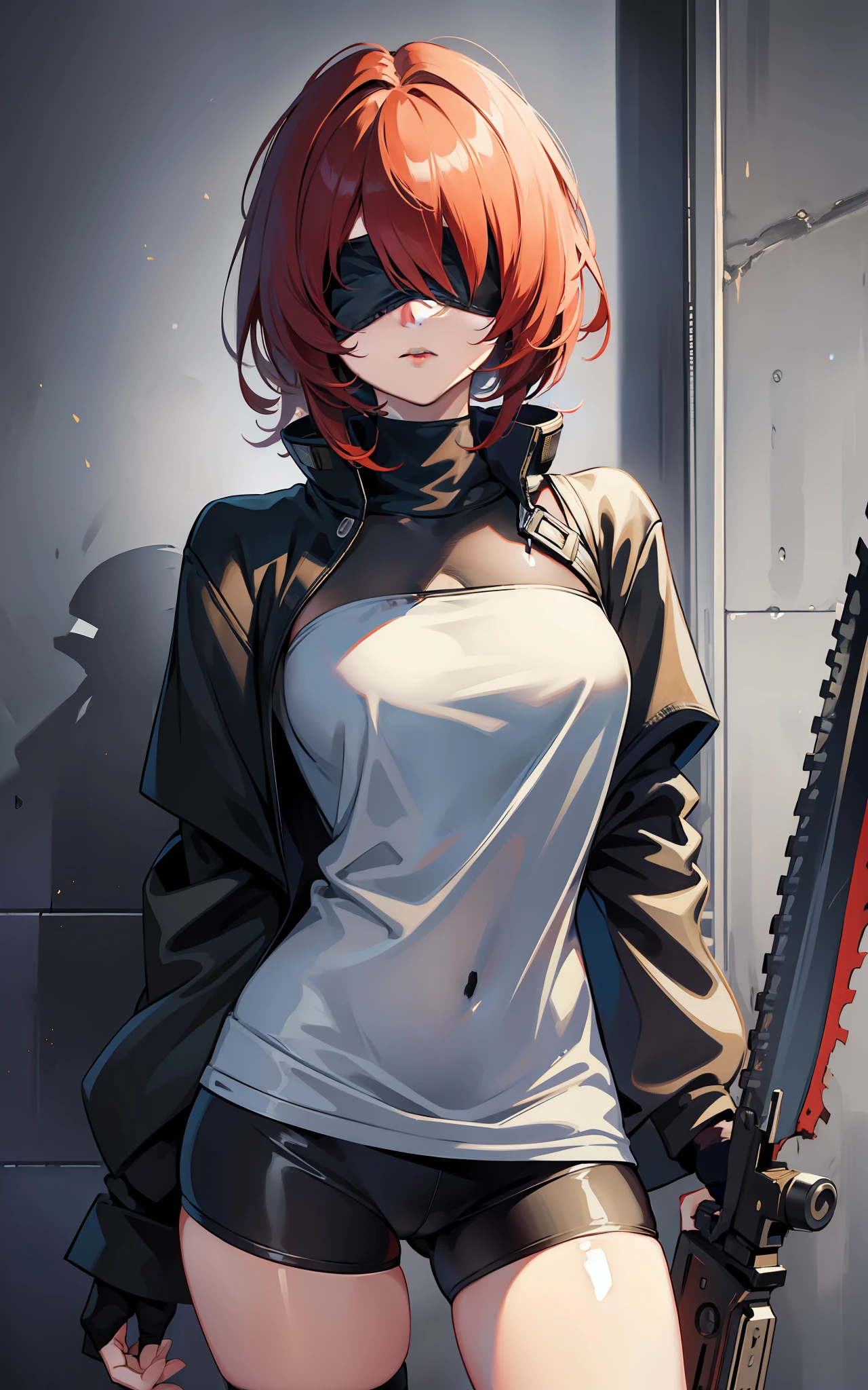 masterpiece, best quality, solo, (yorha no. 2 type b:1.14), (covered eyes:1.05), (portrait:1.1), (upper body:1.1), medium breasts, expressionless, 1girl, solo, (ruffling hair, messy hair:1.1), red hair, makima \(chainsaw man\), best quality, ultra detailed, 1girl, solo, standing, medium hair, blunt bangs does not look at the viewer, blindfolded, young clothes, loose clothing, age clothes, skateboarder clothes, perfect anatomy