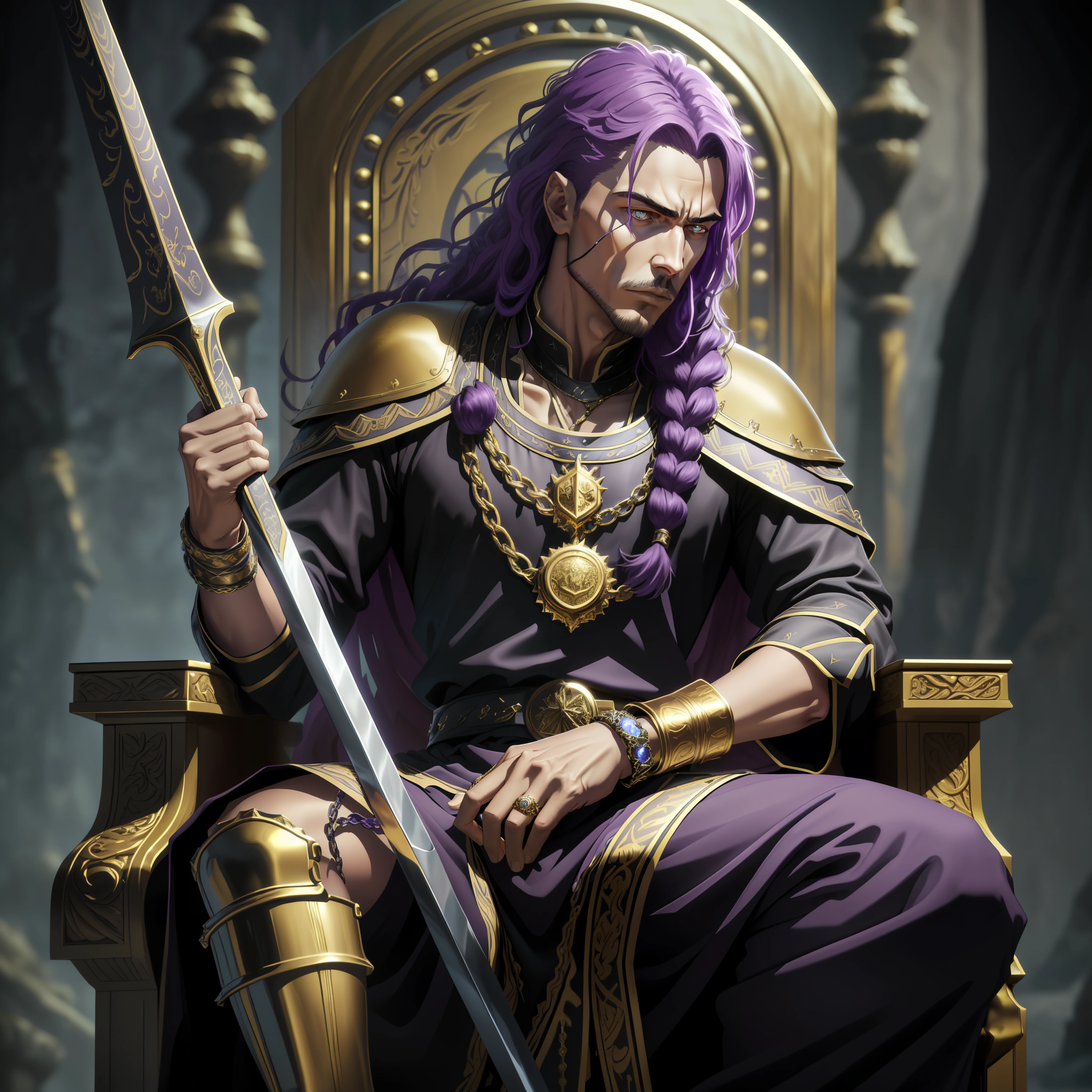 (((: - Tags - :)))best quality, masterpiece, ultra-detailed, 8k resolution, dynamic angle, dynamic pose, fantasy ambiance, inspired by "Game of Thrones", dark atmosphere, sitting on a throne of swords,(1man), black clothes, gold collars, gold bracelets, dreadlocks purple hair,large eyes, dark skin tone.