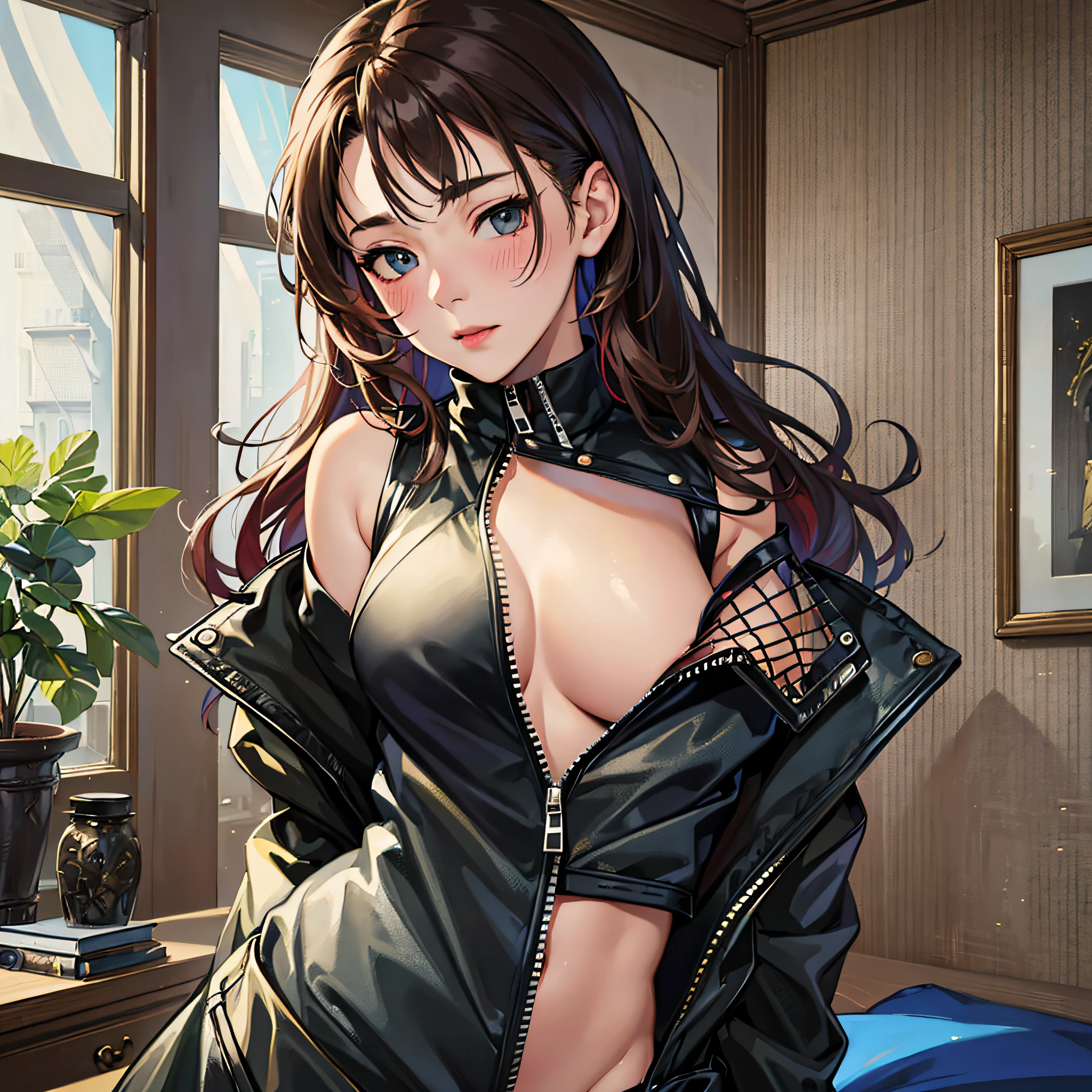 Masterpiece, high definition, high quality, detailed face, detailed body rendering, 1girl, solo, hyuga hyuga, hyuga sleeveless clothing, room,, sleeveless shirt, fishnet jacket, dark lips, unzipped jacket, no bra, breasts out,, standing, blush, (in bedroom) no pants No clothes --auto --s2