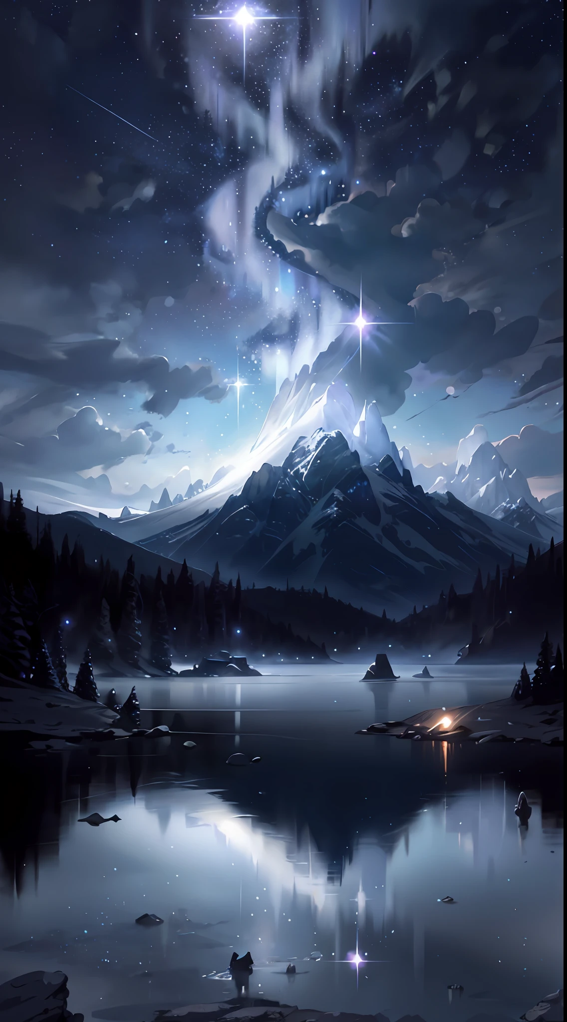 Starry Sky with Mountains and Lake, Jessica Rossier, Inspired by Jessica Rossier, Jessica Rossier Fantasy Art, Concept Art Magic Highlights, Official Artwork, Dream Painting, Ethereal Realm, Atmospheric artwork, dreamy matte paintings, serene endless stars inspired by Ted Nasmith, moonlit starry environments, epic music album covers.