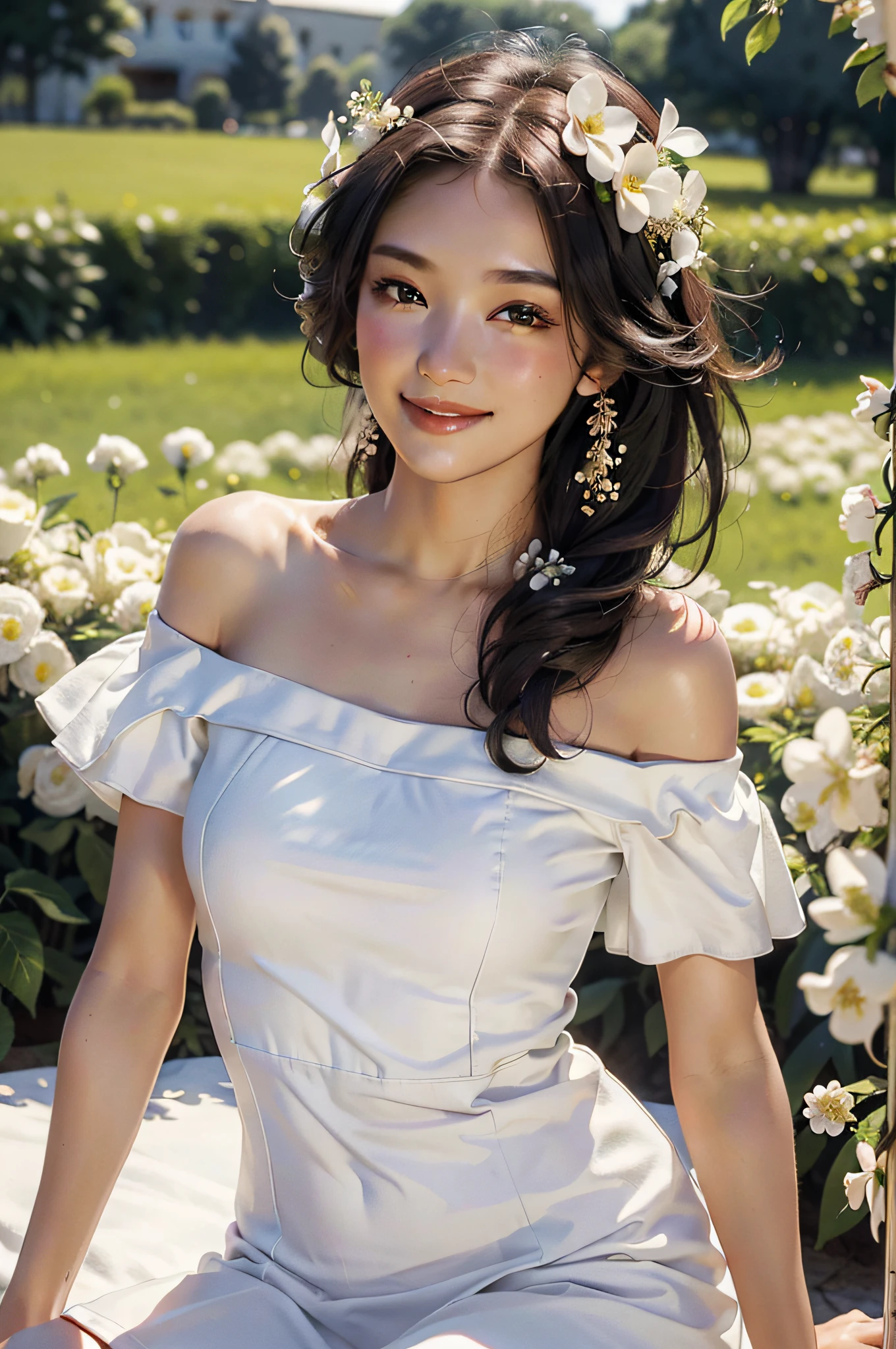 Best quality, masterpiece, ultra high res, (photorealistic:1.4), raw photo, 1girl, white dress, off shoulder, blossom flower field, glowing skin, light smile