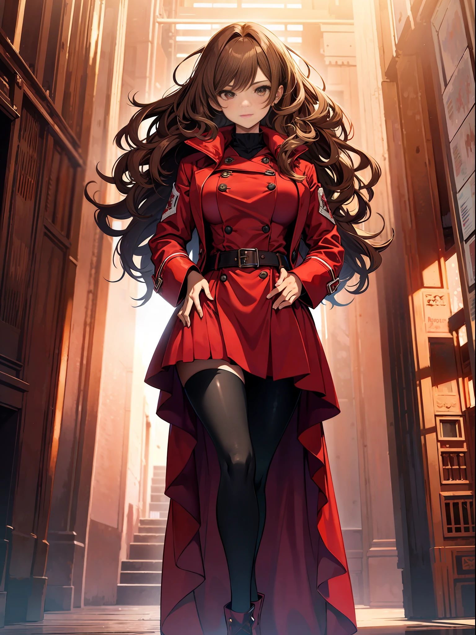 Girl lifting a leg, long curly hair, in a red dress overcoat, dinamyc pose, sensual, leg up, lewd, defined curves, defined hips, gourgeos, texture, masterpiece, expressive face, perfect face, high detailed, detailed clothes, digital art, shading, brown hair, depth, delicate, happy,  freedom,