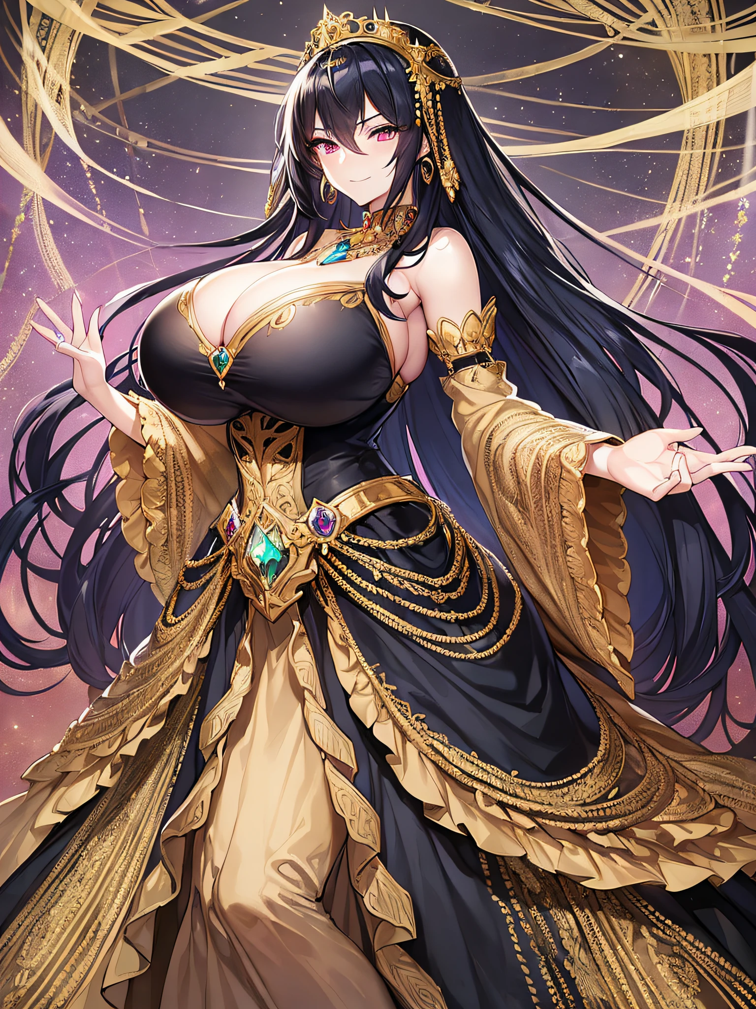 ((anime moe artstyle)),((Masterpiece)), (Best Quality), (Super Detail), Illustration, (((Very Delicate and Beautiful))),Dynamic Angle,Looking at viewer,((((Solo)))),(((Full body))),(((1 arrogant empress in gorgeous black ball gown))),(standing),dominant pose,(arrogant),(((haughty smile))),Purple eyes,(Sharp eyes),Detailed Face, Long Eyelashes,Jet Black Hair,Straight Hair,((Very Long Hair)),Bangs between eyes,((((gigantic breasts,Huge breasts,Bulging breasts,Long breasts)))),cleavage,((skindentation)),curvy,off shoulder,See-through,(gorgeous embroidered ruffled black and gold rococo ball gown),(fluffy rococo ball gown with gorgeous embroidery),((gold trim)),(((hoop skirt))),long skirt,corset,crinoline,opera gloves,Beautifully Gorgeous jeweled big tiara,Beautifully Gorgeous gem earrings,Beautifully Gorgeous jeweled necklace,Beautifully Gorgeous jeweled ornaments,indoor,light particles,royal palace,