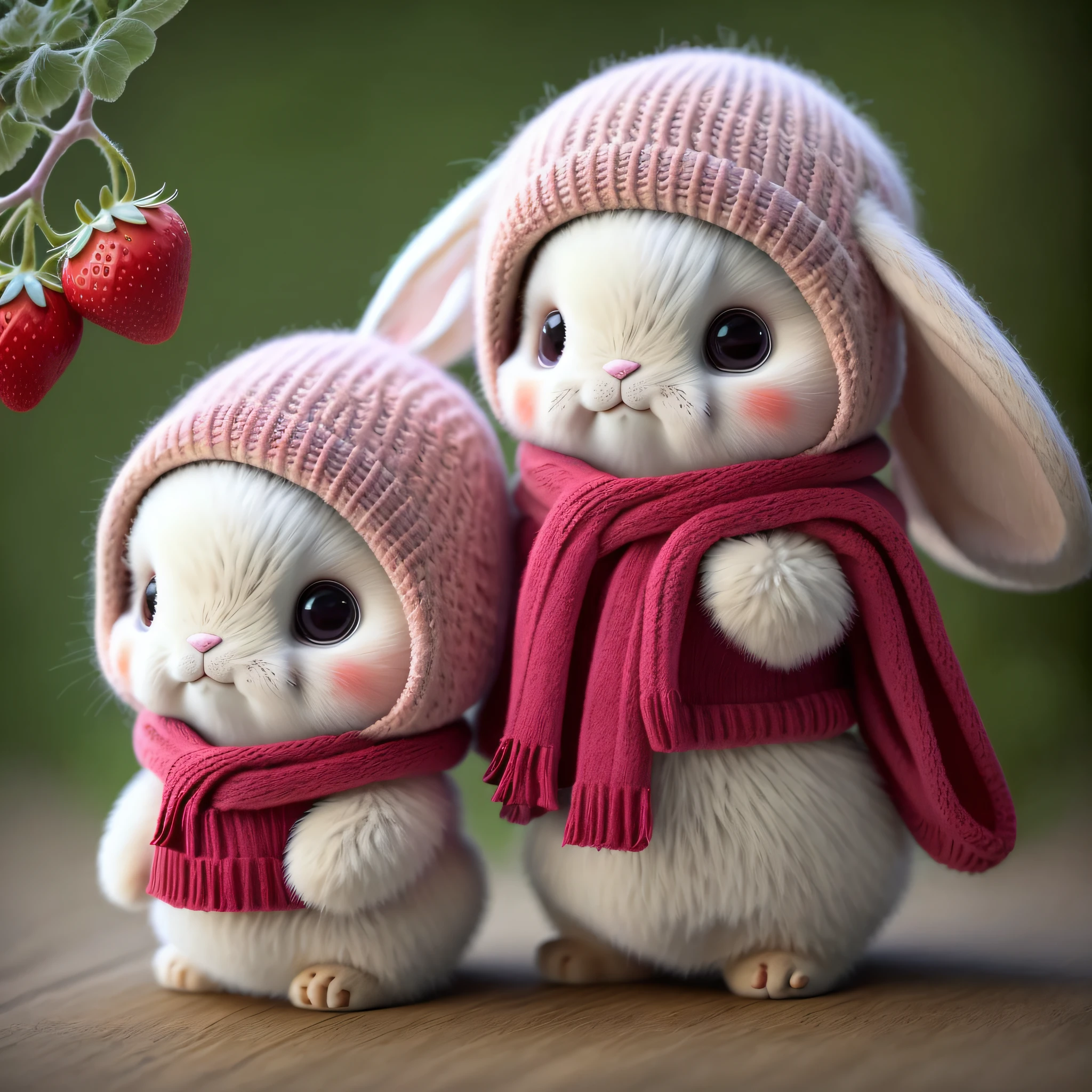 :3. Rabbit, realistic, hairy, clothed animal, apple, bear, teak, cherry, food, fruit, full body, hat, non-human, strawberry, tomato, watermelon