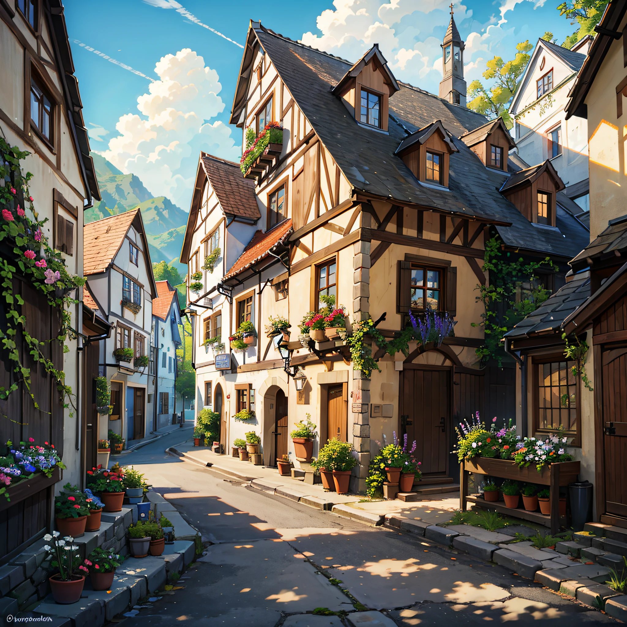 A small European medieval town, fresh style, sunshine