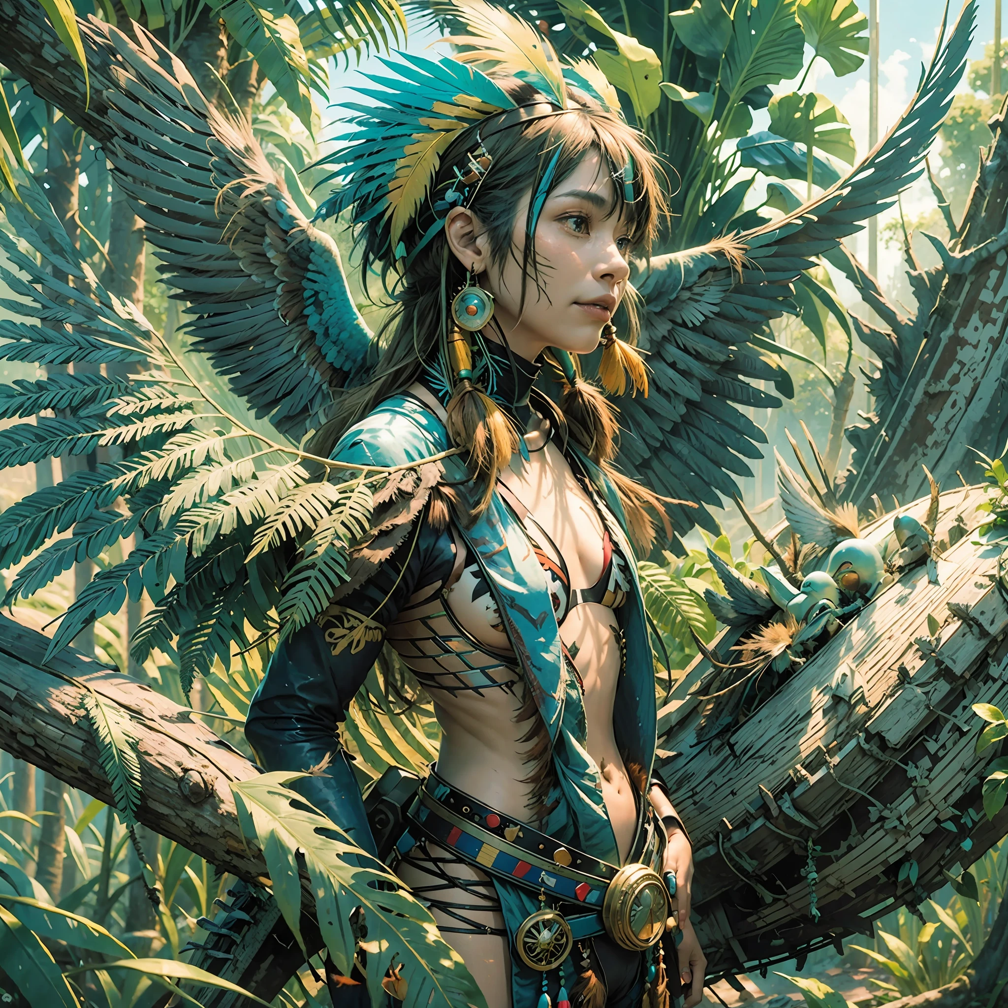 Solo character, indigenous man, anthropozoomorph, humanoid, large feathers, tabby body, wings on the back [blue body:1.2+green body:1.1+red body+yellow body:0.9], human, [blue parrot head:1.5], green forest, amazon, sun, branches, sunlight) --auto --s2