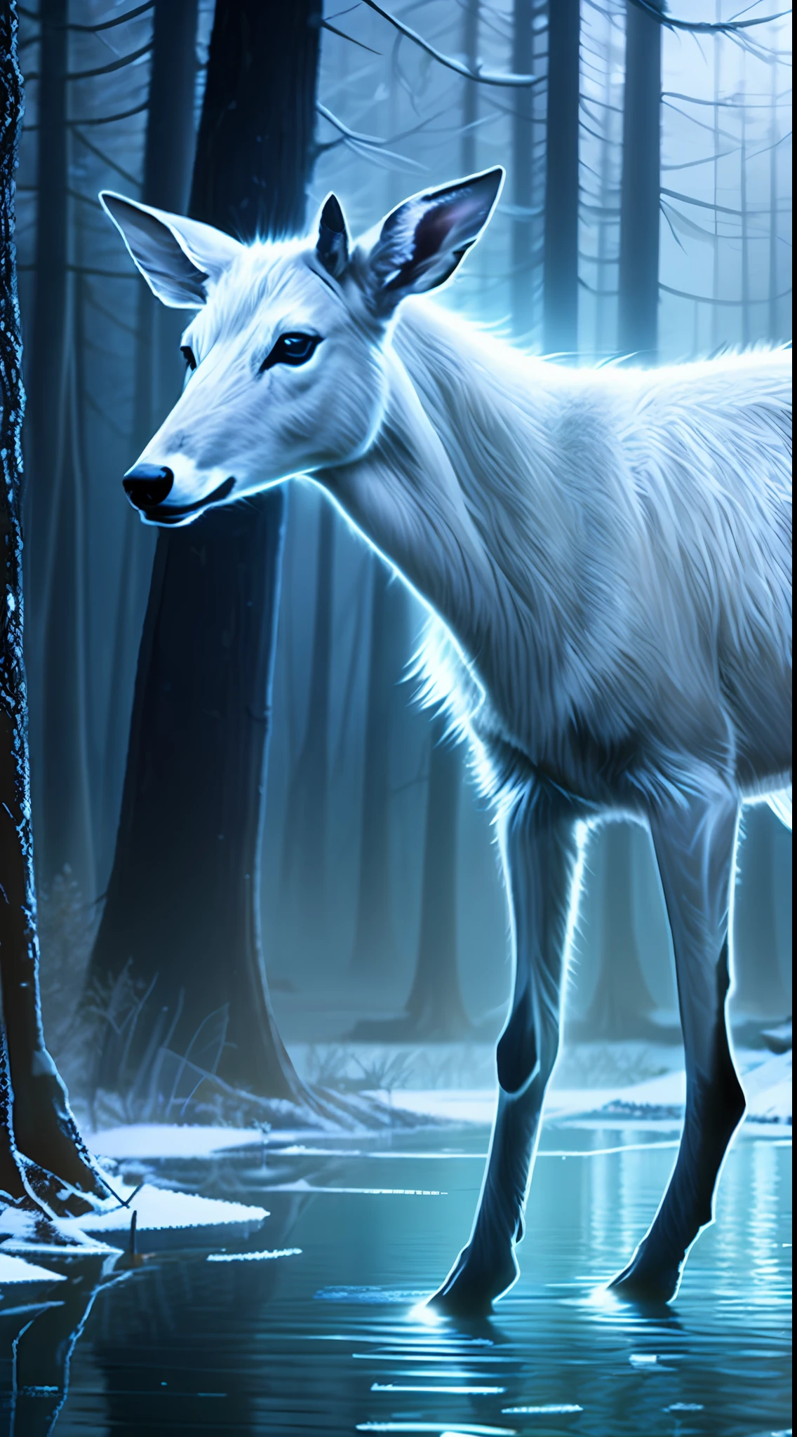 a (transparent :1.4) glowing white (ghost :1.3) doe standing by a frozen over pond in the woods. ghostly animal. fking_scifi_v2