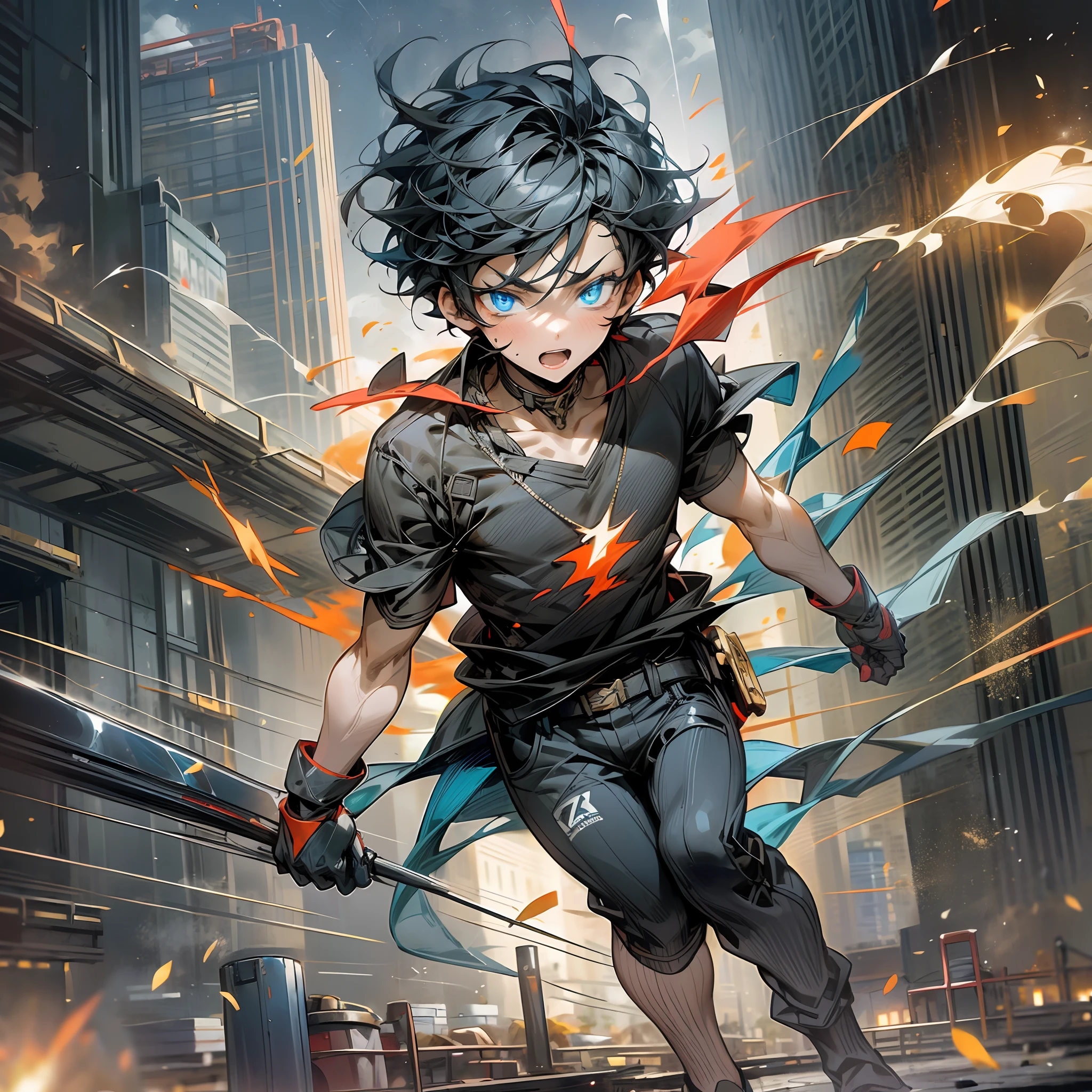 (A black short-haired 18-year-old boy with blue eyes wears a red short-sleeved shirt and flies forward in the air, punching forward: 1.7) (Fragments and glowing particles scattered in the air: 1.5) (Blazing fire light illuminates the surroundings: 1.8) (A bustling city with towering buildings in the background: 1.9) (Boys, Single: 1.7) --auto --s2