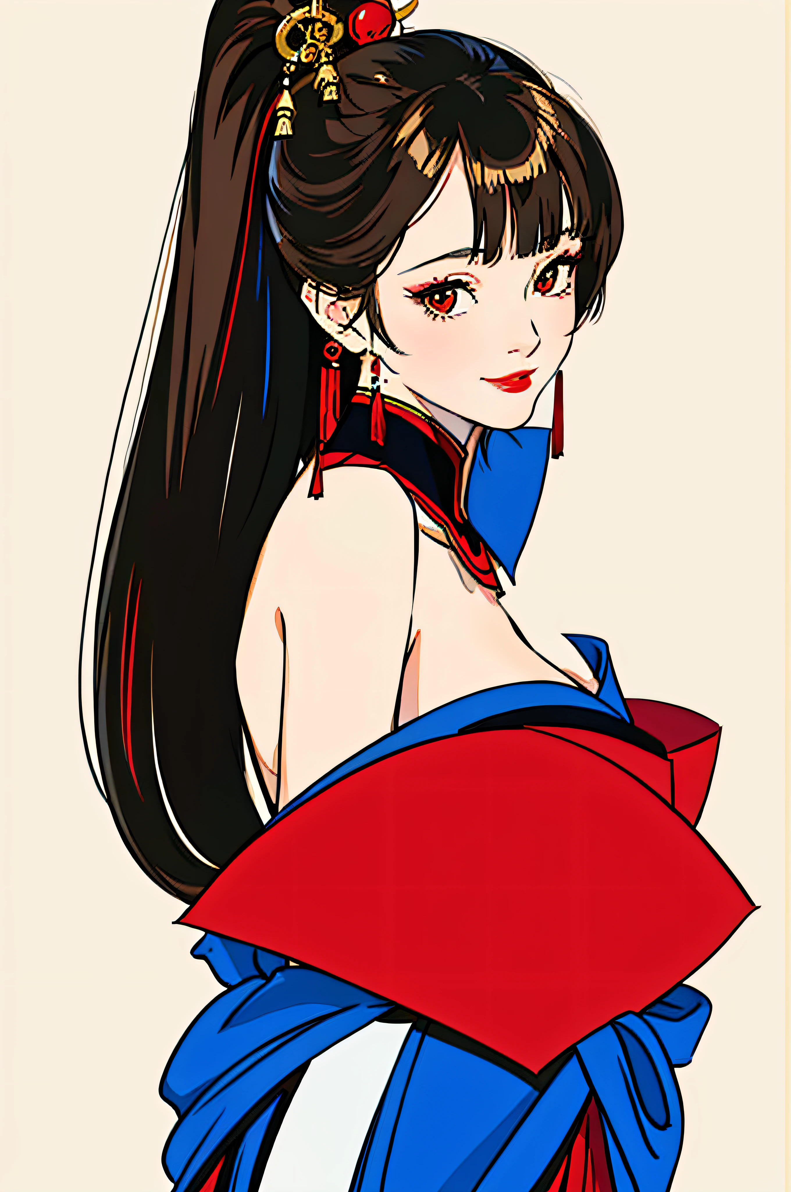 Masterpiece, superlative, petite, perfect breasts, red lip gaze, seductive smile, sexy, blunt bangs, high ponytail, simple background, geisha, illustration drawing