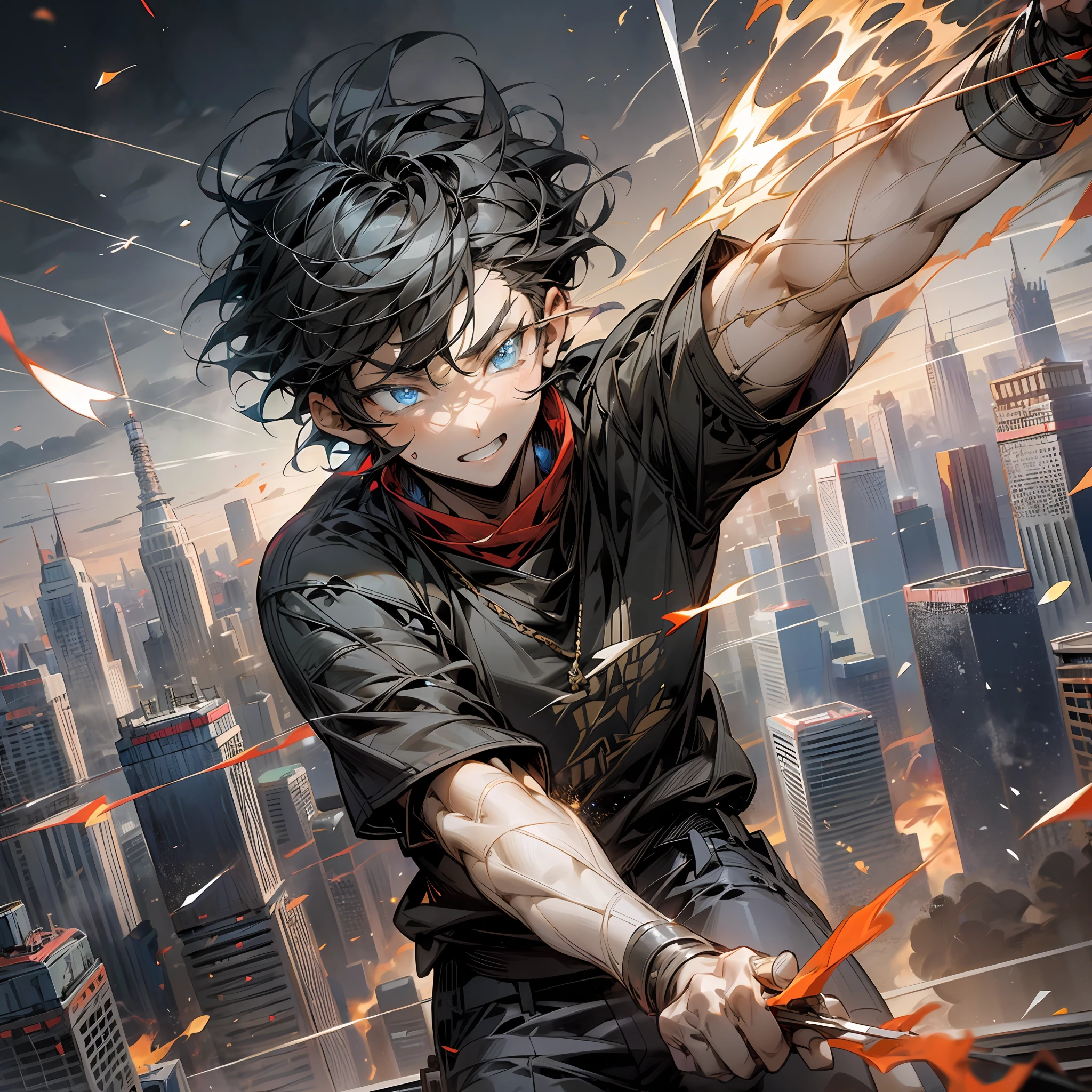(A black short-haired 18-year-old boy with blue eyes wears a red short-sleeved shirt and flies forward in the air, punching forward: 1.7) (Fragments and glowing particles scattered in the air: 1.5) (Blazing fire light illuminates the surroundings: 1.8) (A bustling city with towering buildings in the background: 1.9) (Boys, Single: 1.7) --auto --s2