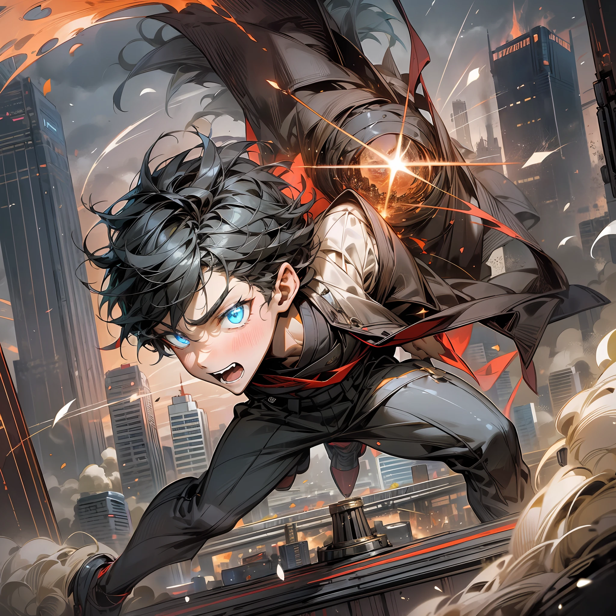 (A black short-haired 18-year-old boy with blue eyes wears a red short-sleeved shirt and flies forward in the air, punching forward: 1.7) (Fragments and glowing particles scattered in the air: 1.5) (Blazing fire light illuminates the surroundings: 1.8) (A bustling city with towering buildings in the background: 1.9) (Boys, Single: 1.7) --auto --s2