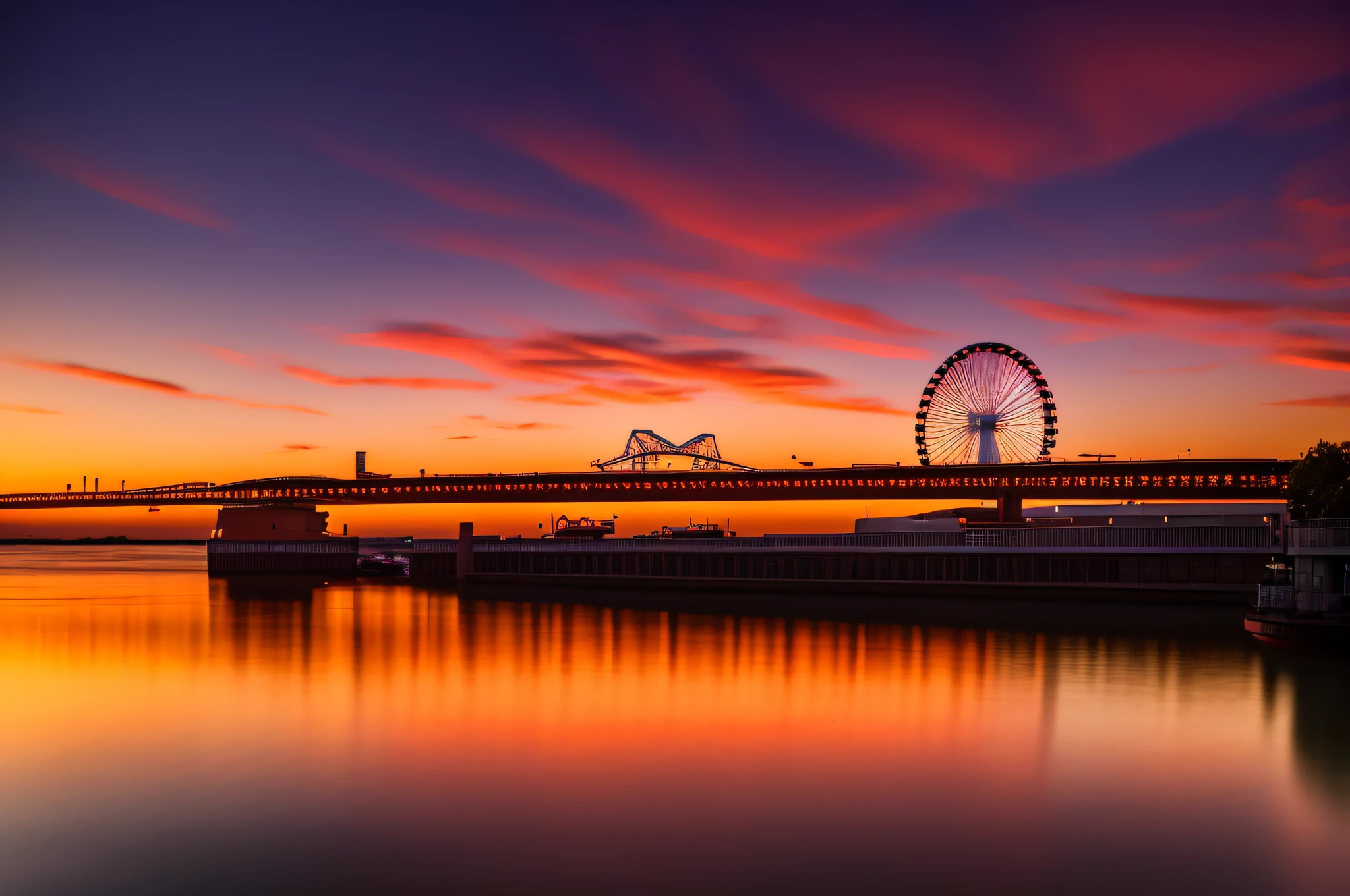 sunset over a harbor with a ferris wheel and a bridge, nuclear sunset, taken with canon 5d mk4, taken with sony a7r camera, photo taken with sony a7r, taken with sony alpha 9, taken at golden hour, by Jakob Gauermann, shot at golden hour, taken with canon eos 5 d mark iv, night setting