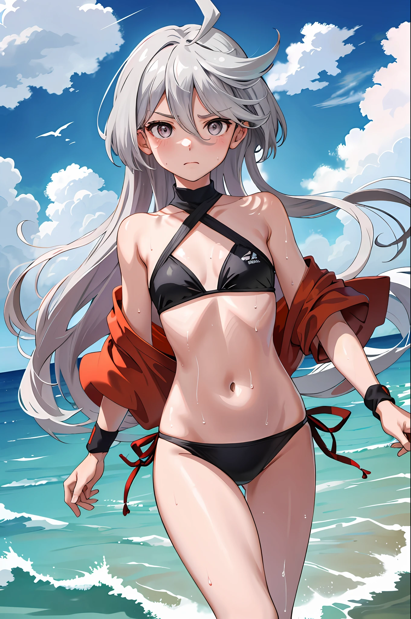 masterpiece, top quality, hi-res, 1 girl, solo, small breasts, long hair, gray eyes, gray hair, ahoge, bangs, hair between the eyes, floating hair, sea, sky, clouds, beach, red bikini, wet, sweat, frown,