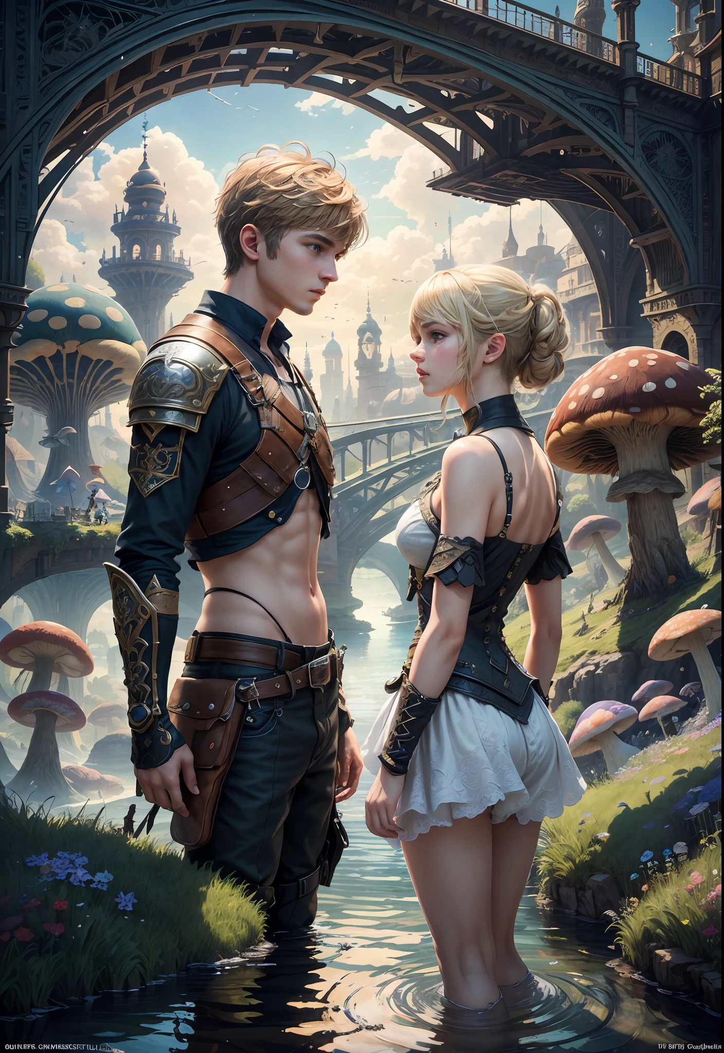 (((Multiplayer, Man and Woman))), Best Quality, Realistic, Realistic, Award-Winning Illustrations, (Intricate Details: 1.2), (Fine Details), (Intricate Details), (Cinematic Light, Best Quality Backlight), Clear Lines, Sharp Focus, Official Art, Unity 8k Wallpaper, Ridiculous, Incredibly Ridiculous, Fantasy Art, RTX, ((Award-winning Triangle Studio Close-up Photo)), 1 Boy, (Shut Up), Best Quality, 4K, beautiful mysterious creatures, blond male, flying, surrealism, masterpiece of NCWINTERS, masterpiece in mysterious country town, masterpiece, intricate details, ff14style, urban painting, bridge, river, giant mushroom, landscape, bright colors,