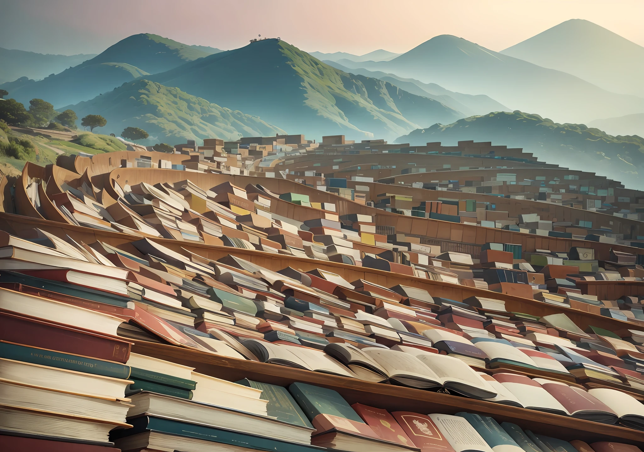 Books, piled, paved, tiled, undulating, ocean, overlook, wide angle --auto --s2