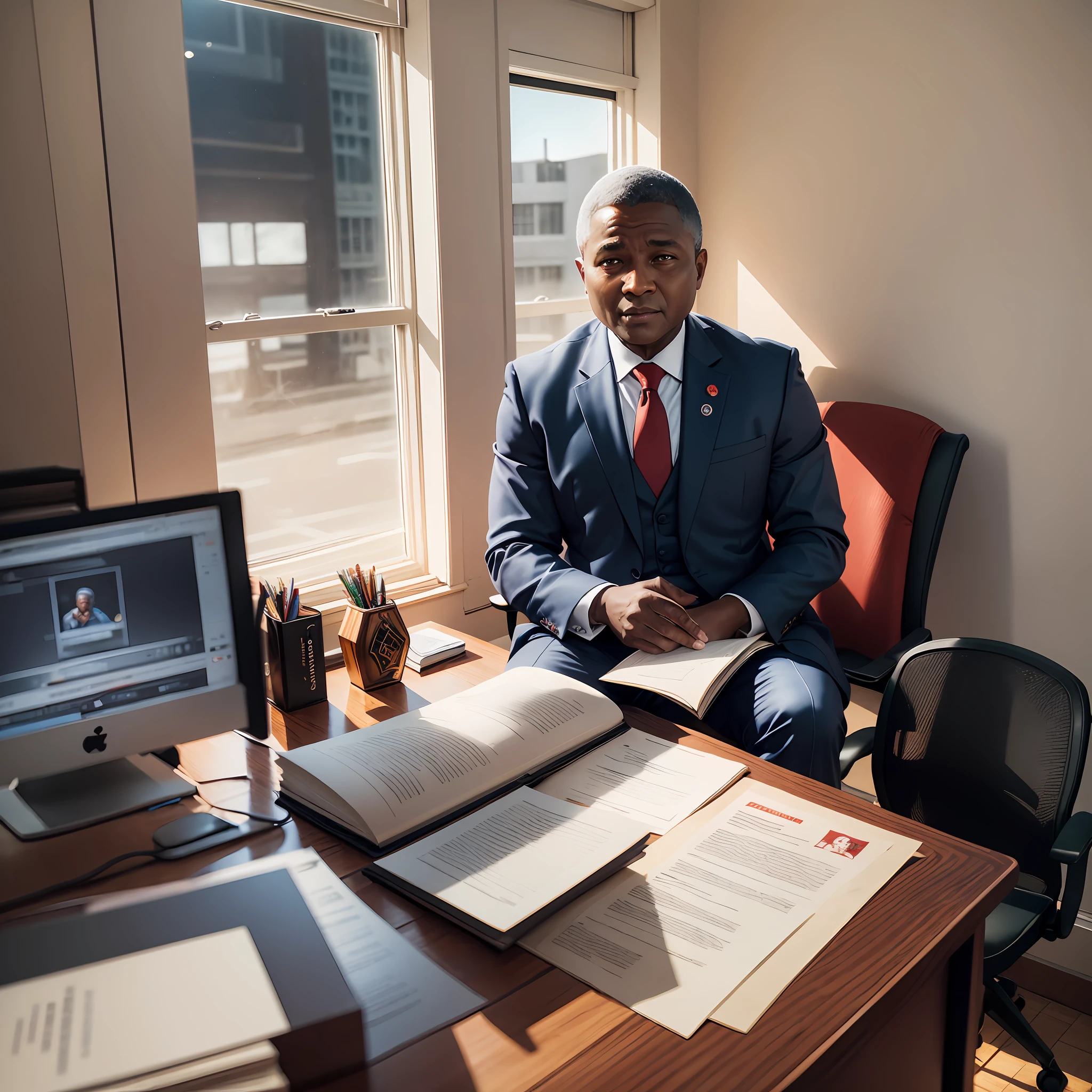 Draw the president of Mozambique, Filipe Nyusi, in his official office, sitting in a chair behind his desk. The office is spacious, with a large window that lets in natural light. The desk is dark wood and there is a computer on the desk in front of you. Nyusi is wearing a black suit and a red tie, with the shirt white. He has a serious, determined expression on his face, his eyes fixed on a document in front of him, which he is reading intently. Behind him, the flag of Mozambique hangs on the wall, with its vibrant colors dominating the scene. The room is decorated with some framed photos on the walls, including a photo of Nyusi with his government colleagues. In the corner of the room, there is a small tray with a cup of tea and some snacks, indicating that he has been working for some time." --auto --s2
