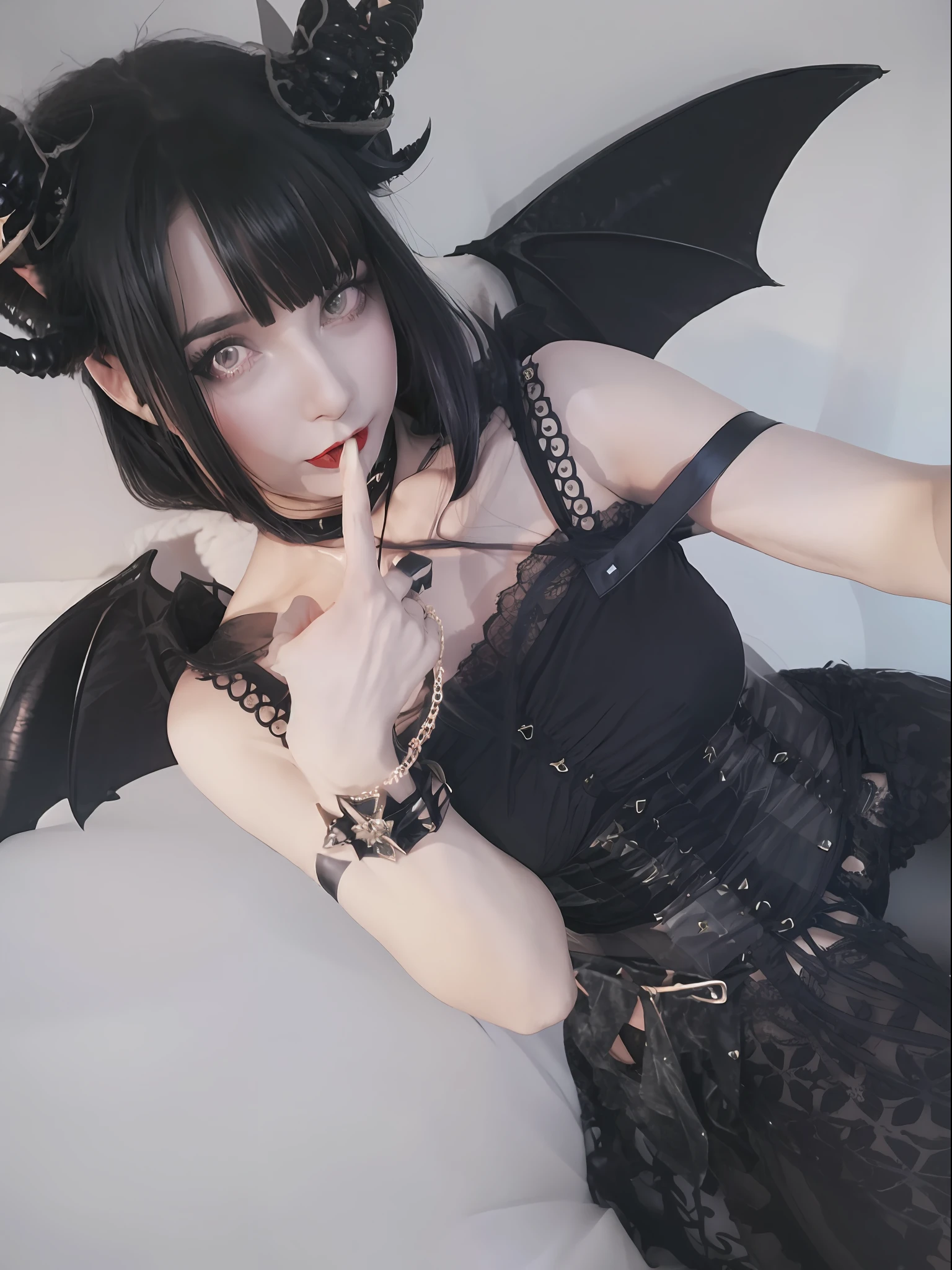 Alatei wears black dress with horns and black dress, beautiful succubus with hellish demon wings, succubus, gothic !!, wings black lace costume, villain with black angel wings, anime girl cosplay, tight short skirt succubus, devil wings, exposed, white panties, short panties, short black hair