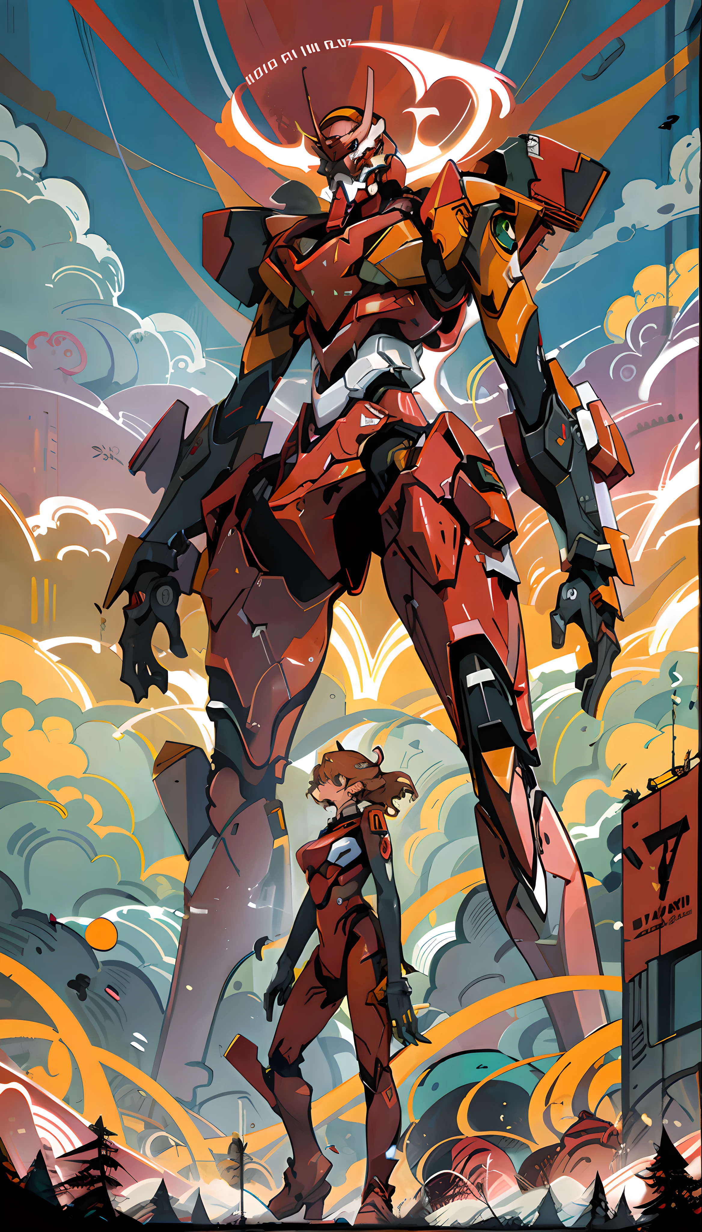 Eva 02, Eva, Evangelion Mecha, Science fiction, Look at the audience, (official art, best quality, Masterpiece: 1.2), illustration, high resolution, beautiful abstract background, futuristic, manga style