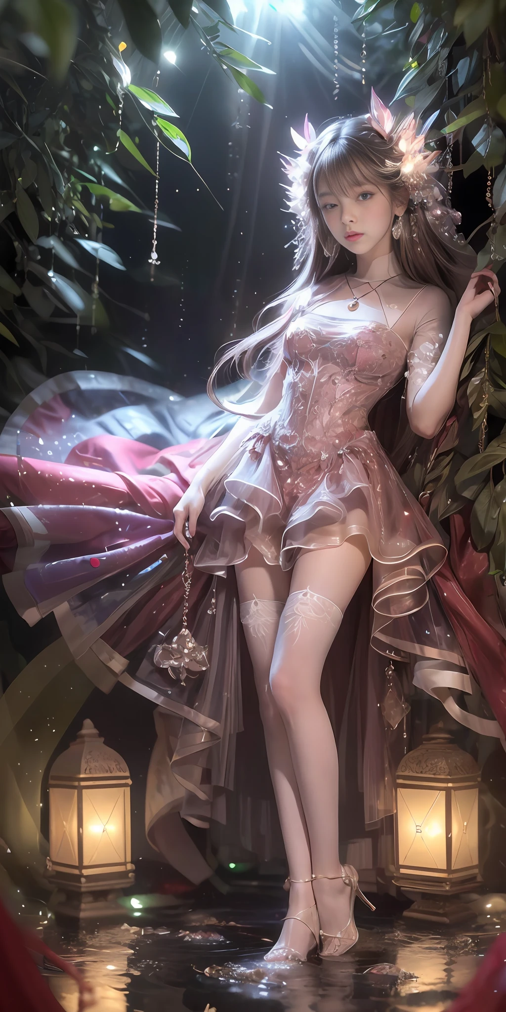 (best quality, masterpiece, high resolution, glow, flood, lens glare, wide angle), sunlight, full body, 1 [Chinese|Russian|Japanese|Korean] girl, ((plum red:1.1) clothes), necklace, jewelry, long hair, earrings, super delicate face, beautiful face, full face blush, (perfect eyes) and ( long eyelashes: 1.4), glowing pupils, (white stockings: 0.9), realism, (high detail skin: 1.2), 8k ultra hd, DSLR, high quality, volumetric lighting, frank, high resolution, 4K, 8K, background bokeh, dream forest, radiant garlic, feather drop effect, morning, foreground, f/16