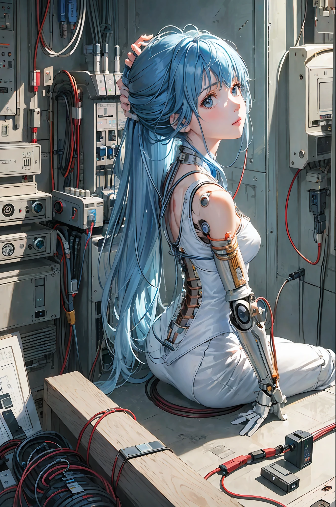 (((masterpiece))), (((best quality))), ((ultra-detailed)), (highly detailed CG illustration), ((an extremely delicate and beautiful)),(cute delicate face),cinematic light,
((1mechanical girl)), solo, half body,((bare shoulders)), (machine made joints:1.4), ((mechanical limbs)), (exposed muscles), (blood vessels connected to tubes),(a brain in container:1.3),((mechanical vertebra attaching to back)),((mechanical cervical attaching to neck)),
((sitting)),(wires and cables attaching to head and body:1.5),small breasts, ((long hair)), ((blue hair)),(character focus),science fiction
